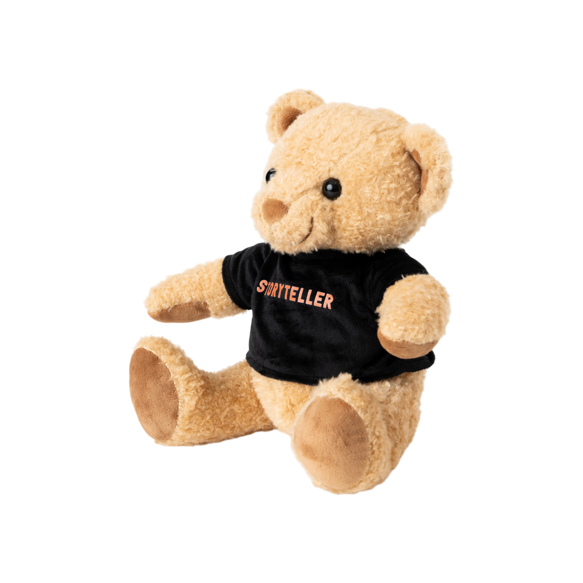 Light tan plush teddy bear wearing a black short-sleeve T-shirt with “Storyteller” printed across the chest in orange-red lettering, shown against a white background.
