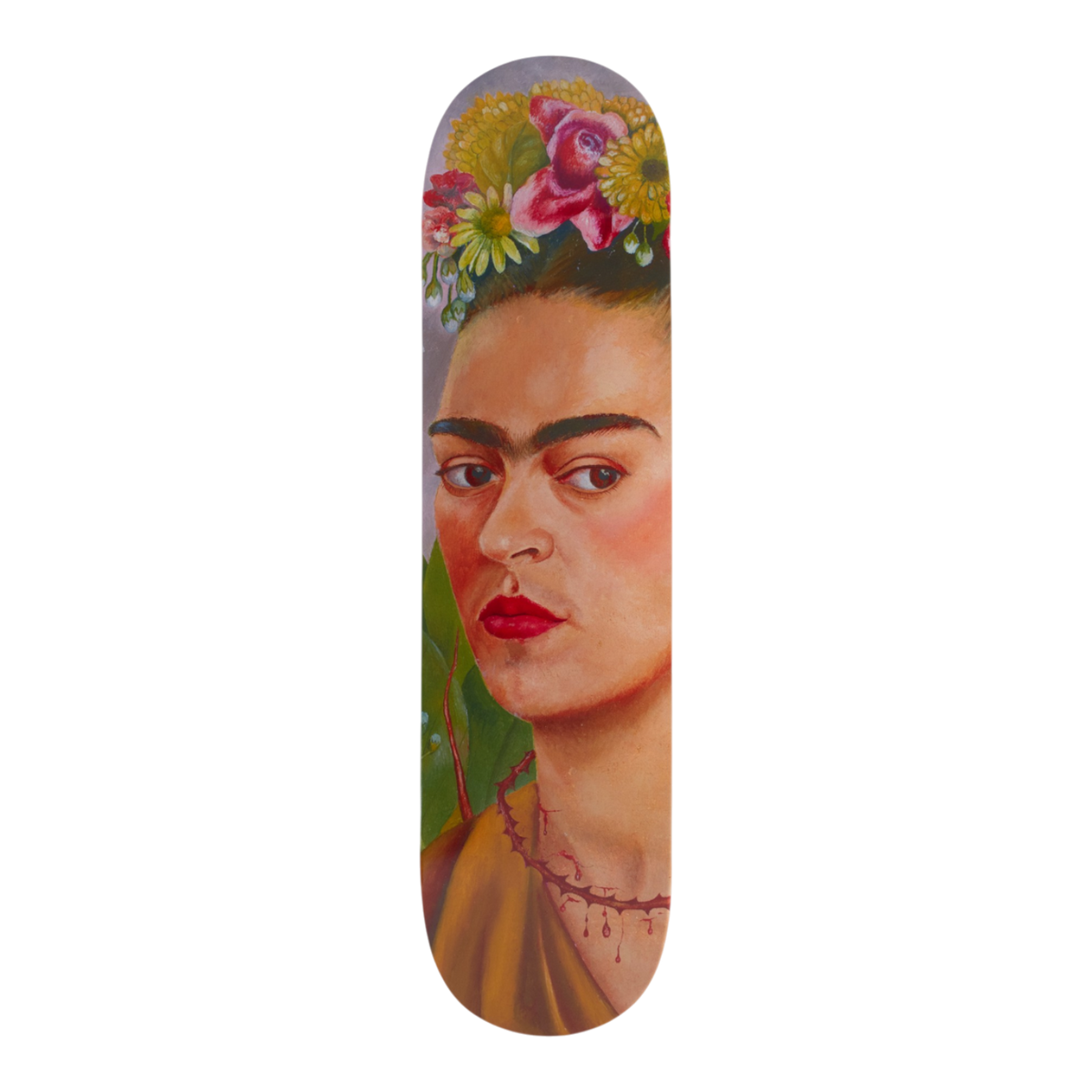 A skateboard deck featuring a painted portrait of Frida Kahlo with flowers in her hair, shown vertically on a plain white background.
