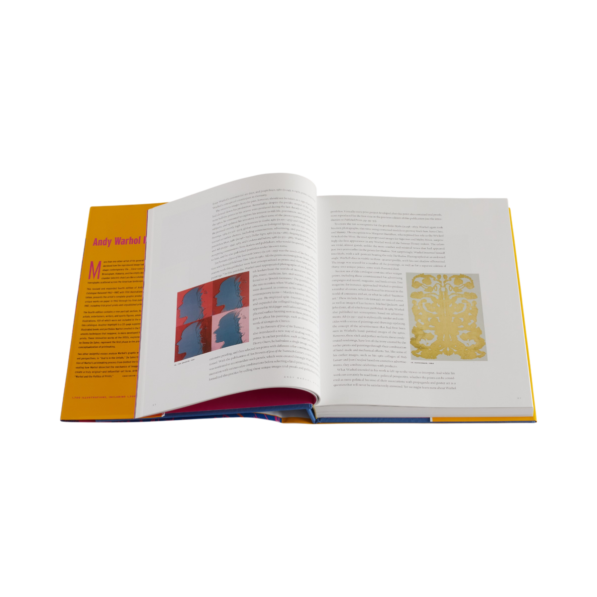 An open hardcover book displayed against a solid white background, showing printed text pages with small artwork and a bright yellow-orange inner spread.