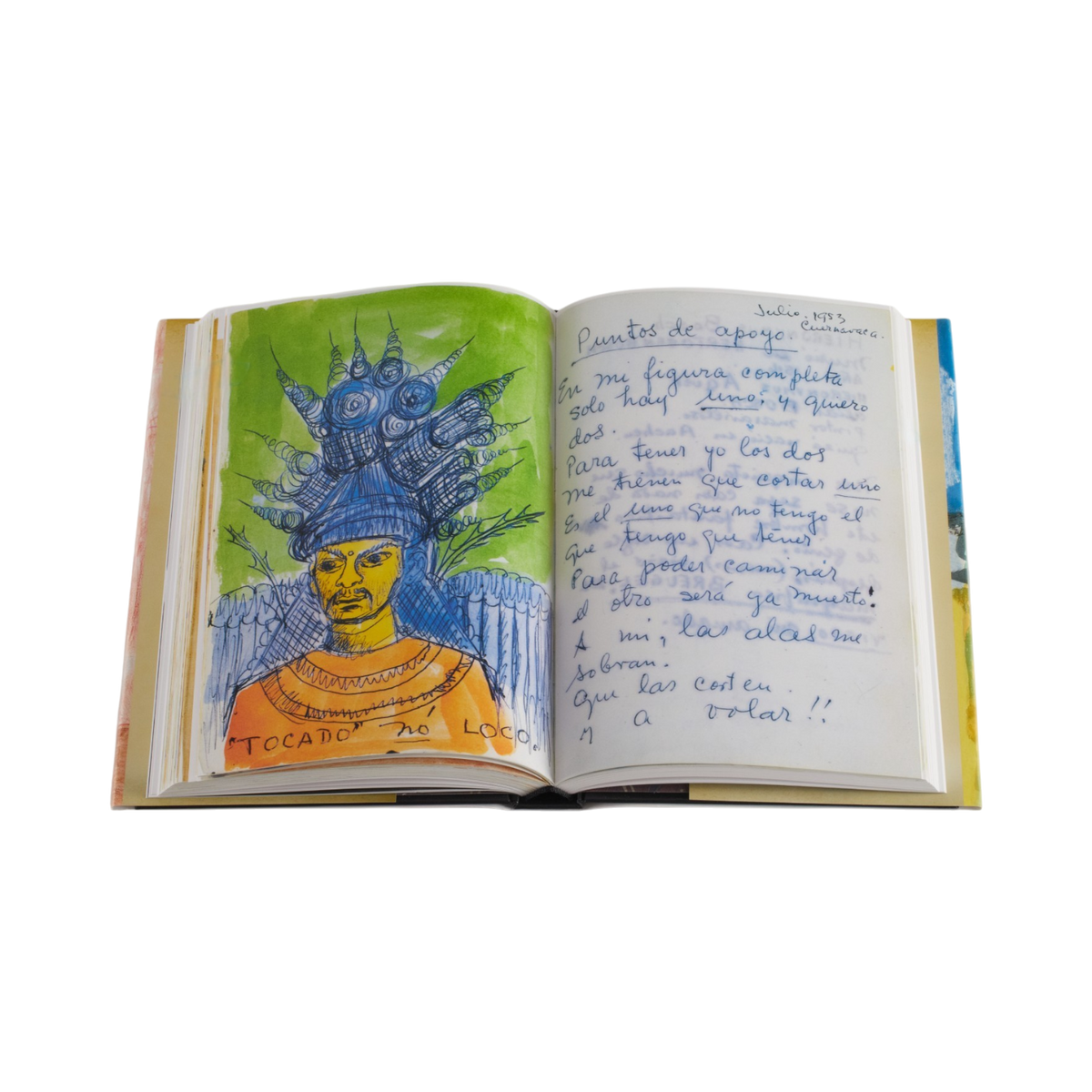 An open book shown against a white background. The left page features a colorful illustration of a person wearing a large blue and silver headdress, with Portuguese text at the bottom.