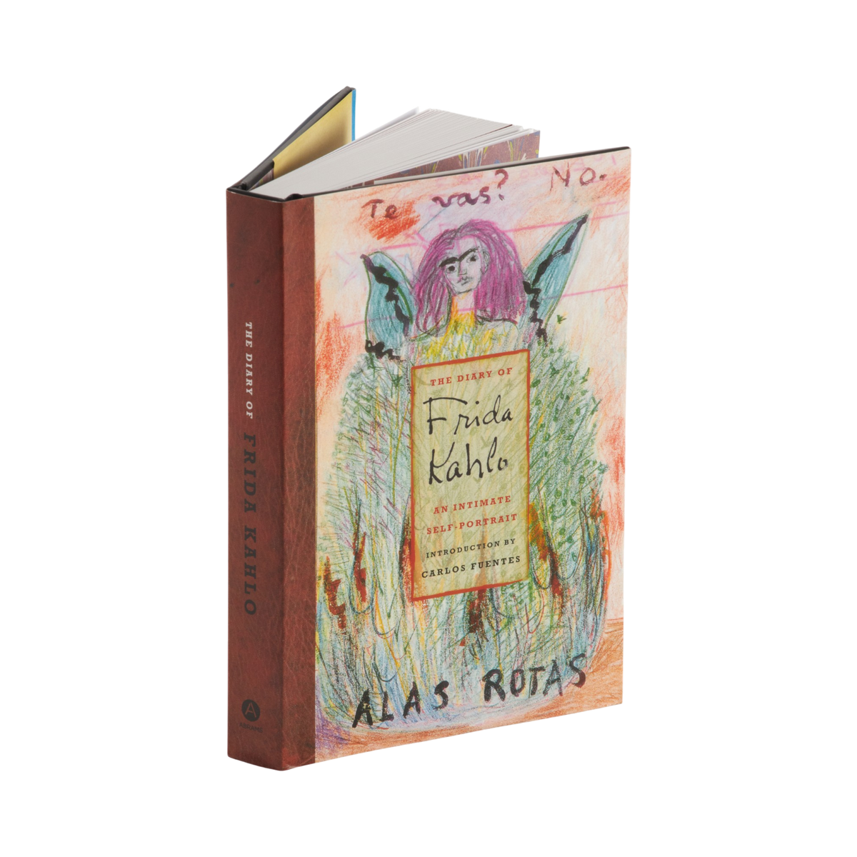 The Diary of Frida Kahlo: An Artistic Self-Portrait, hardcover edition by Carlos Fuentes, featuring a textured brown spine and a colorful illustrated cover with a purple-haired figure.