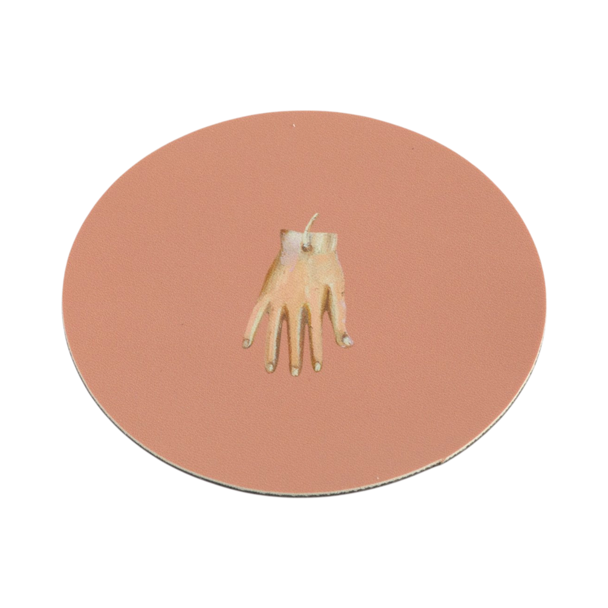 A circular coaster with a dusty terracotta background and a small illustration of a hand in the center, shown on a plain white background.