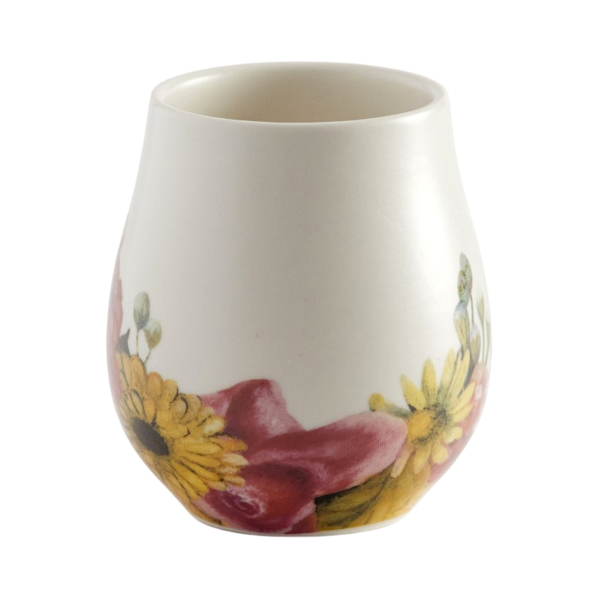 A white mug decorated with a hand-painted floral design featuring yellow and pink flowers near the base, shown on a plain white background.