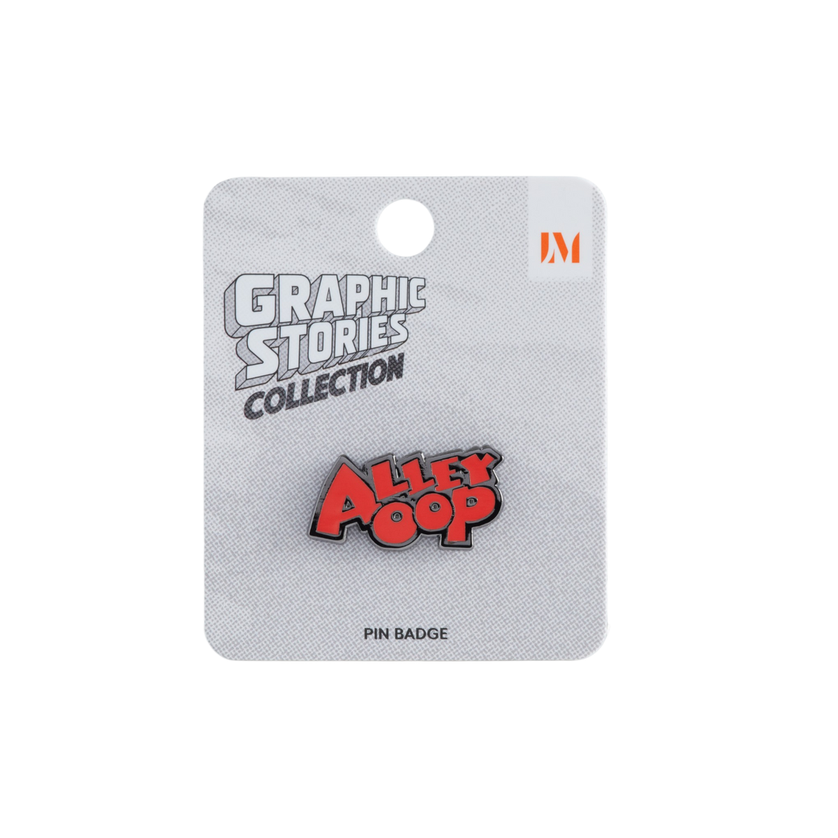 A red and silver enamel pin badge reading 'Alleyoop' displayed on a gray textured backing card labeled 'Graphic Stories Collection' with an 'LM' logo, on a plain white background.