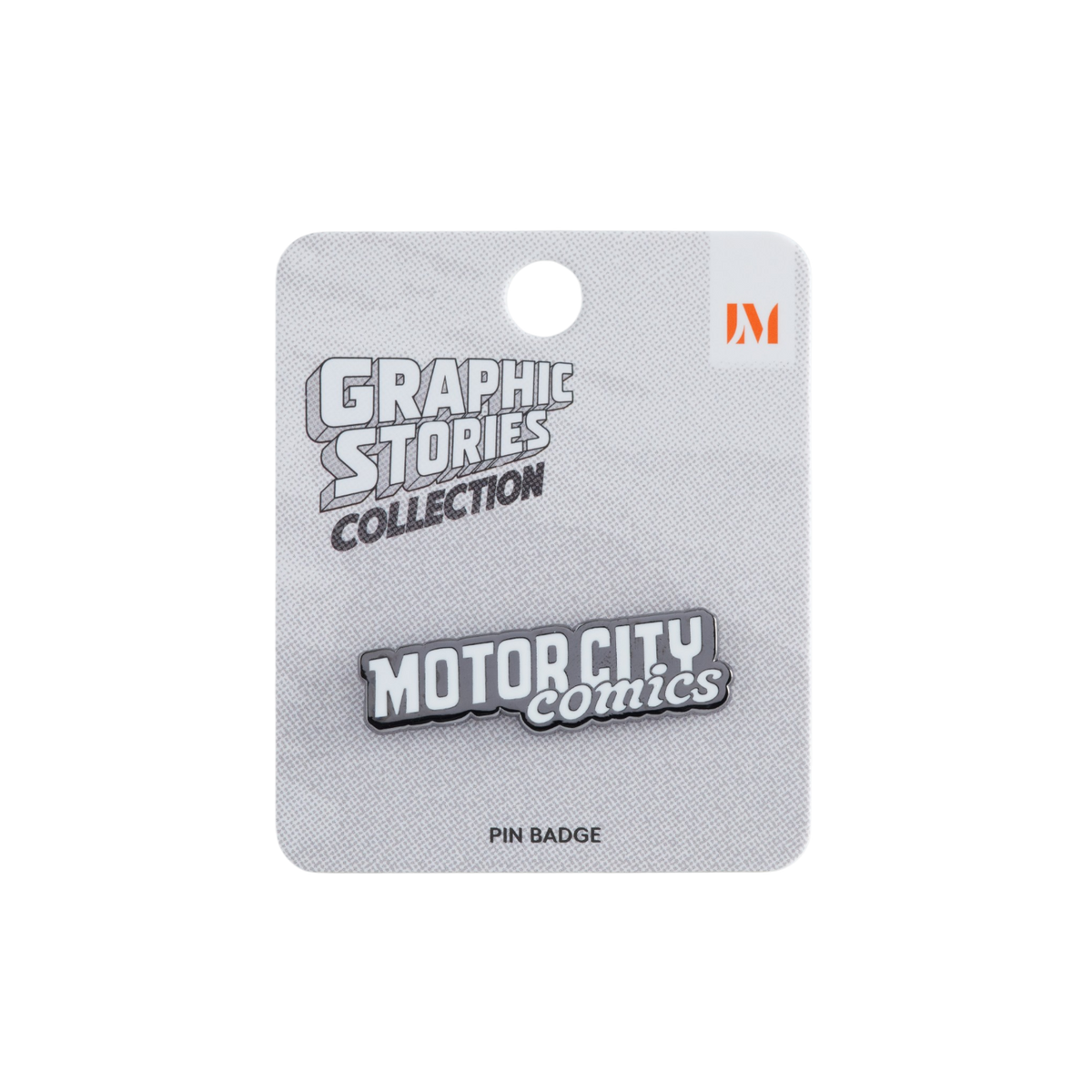 A pin from the Motor City Comics Collection, displayed on its original textured gray display card. The pin features a metallic silver and black design with white text.