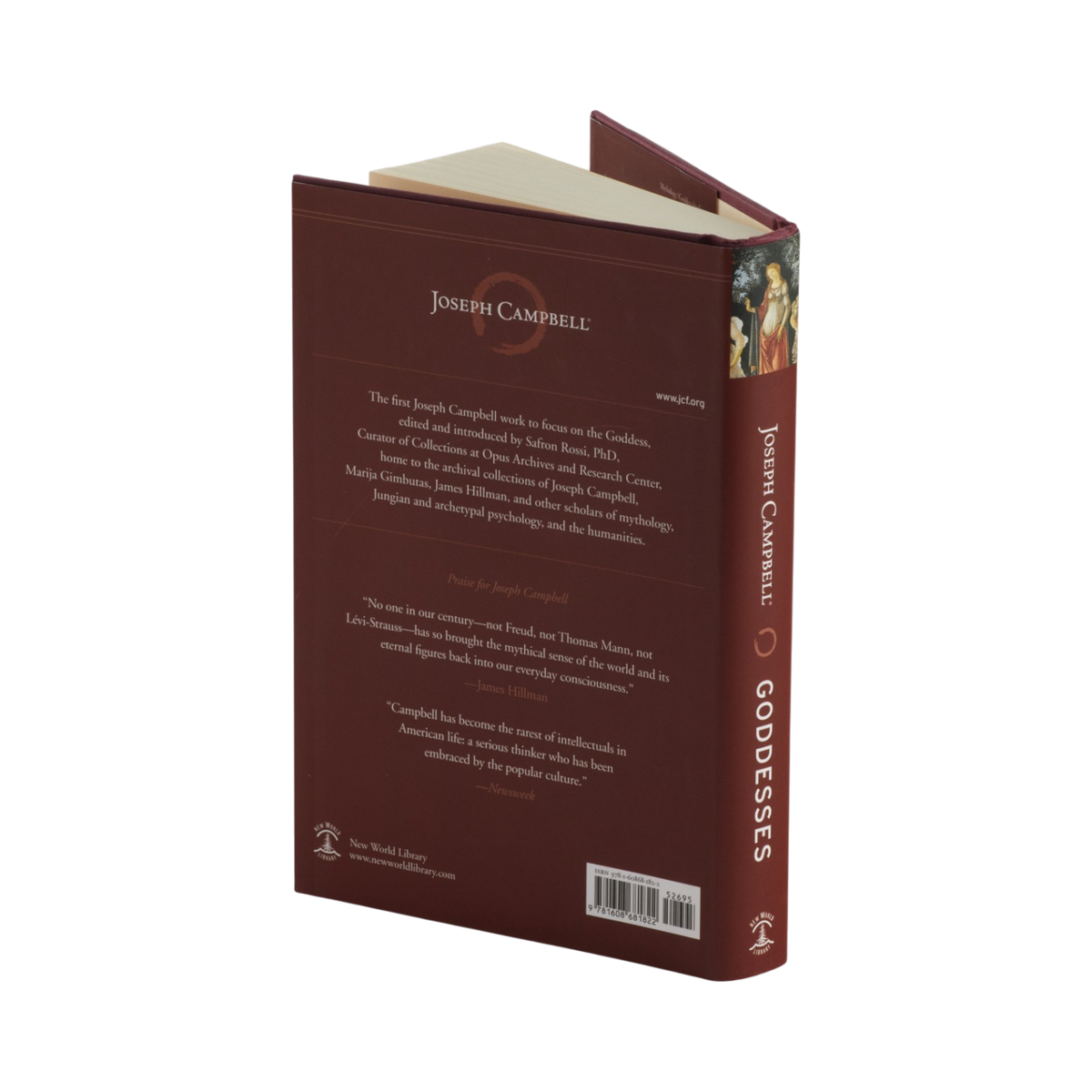 The back cover of a book titled "Goddesses: Mysteries of the Feminine Divine" by Joseph Campbell, shown standing upright at a slight angle on a plain white background. The cover is predominantly dark reddish brown with white text on the back cover.