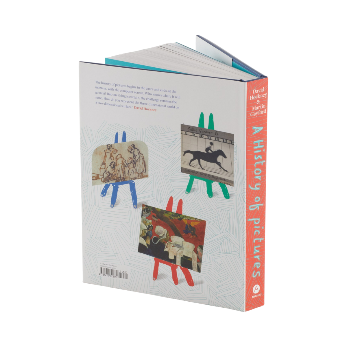 A hardcover art book titled 'A History of Pictures' by David Hockney, shown from the back cover and spine on a clean white background. The cover features a light gray patterned background with three colorful paintings displayed on easels (blue, green, and red).