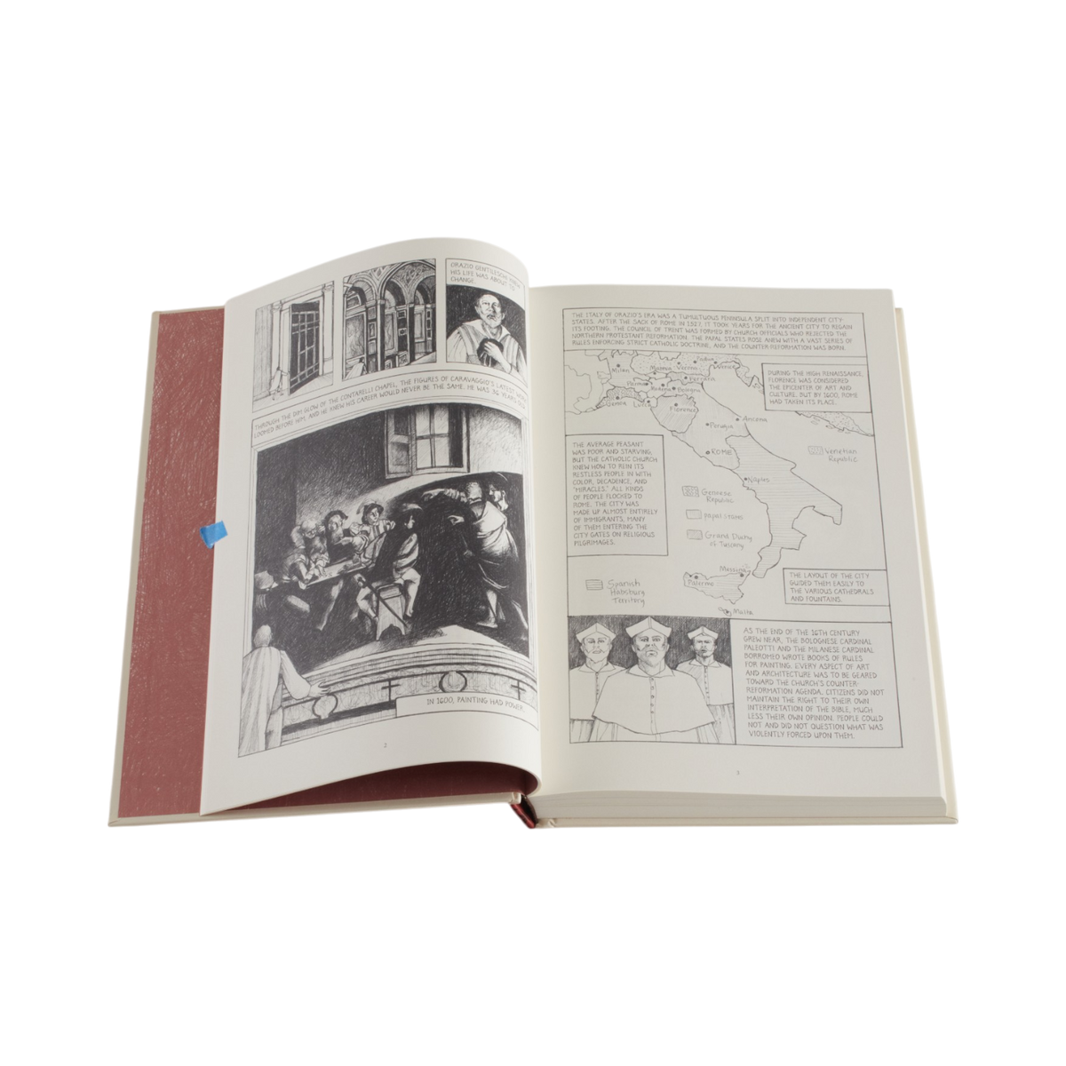 An open vintage book with black-and-white printed illustrations and text, showing a map and historical figures on the right page and a large illustration on the left page. The book has a reddish-brown cover and is photographed against a plain white background.