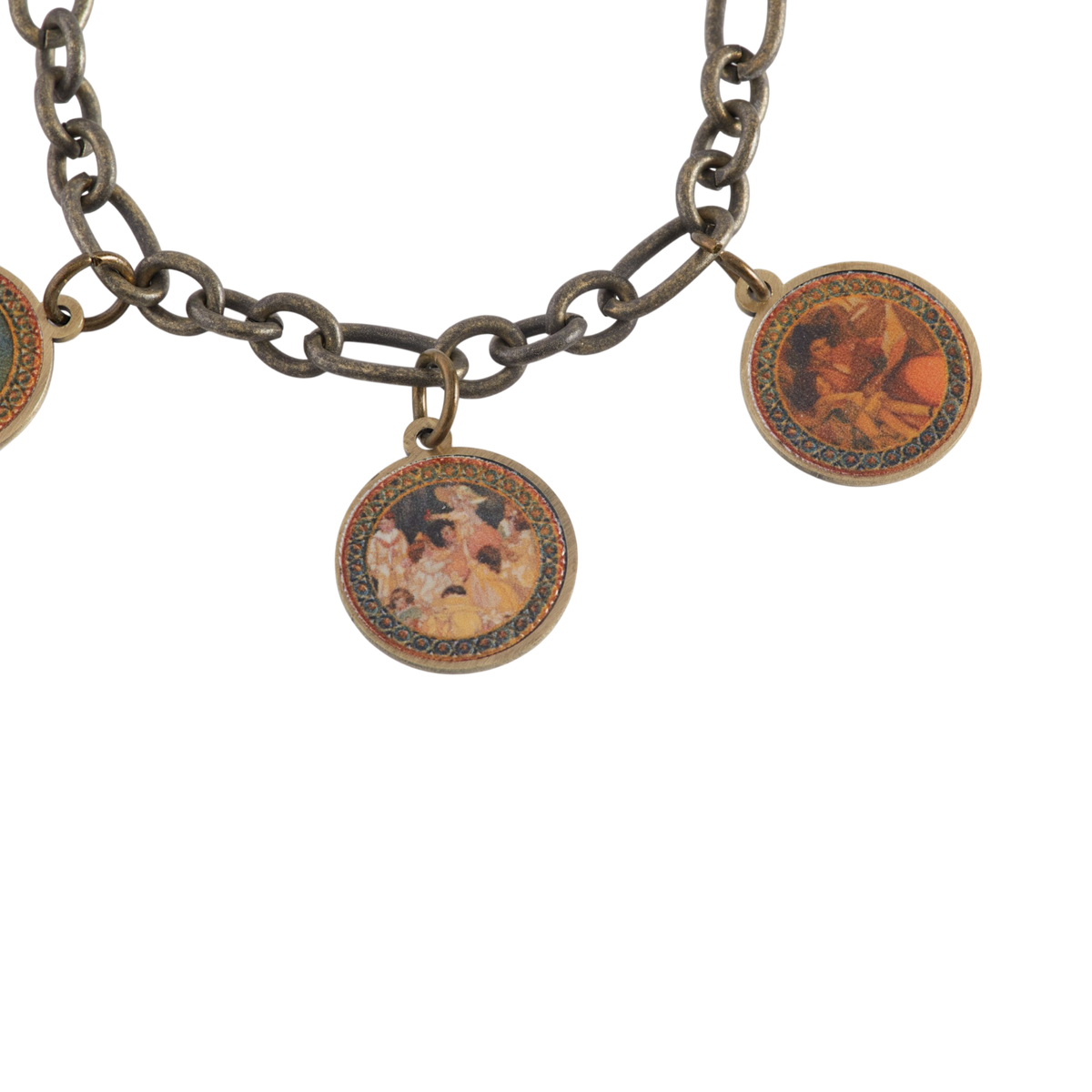 A close-up of an antique-style bronze chain bracelet featuring circular charms with vintage Jessie Willcox portrait illustrations.