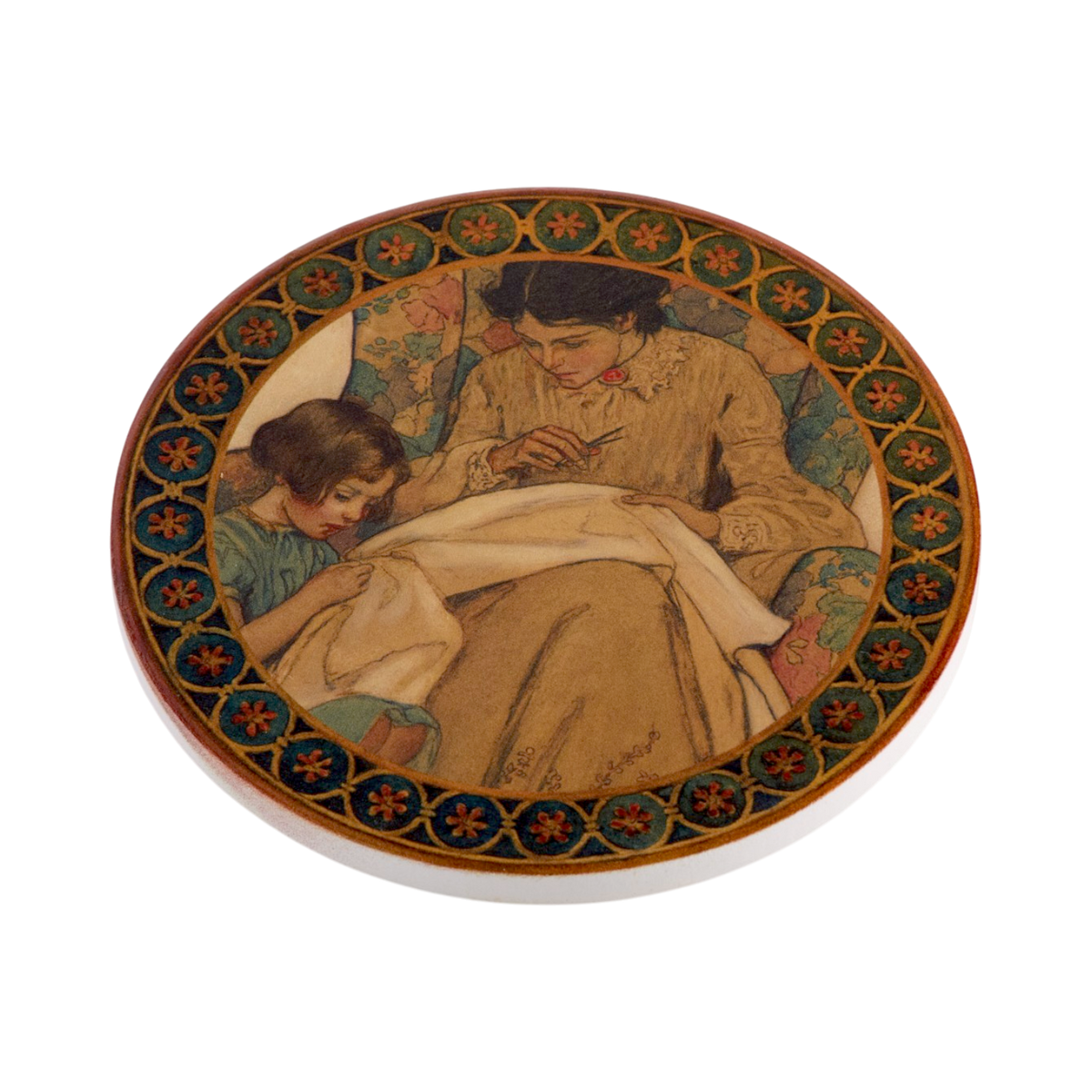 An oval coaster featuring vintage-style Jessie Willxoc illustrations of a woman and child, shown on a clean white background.