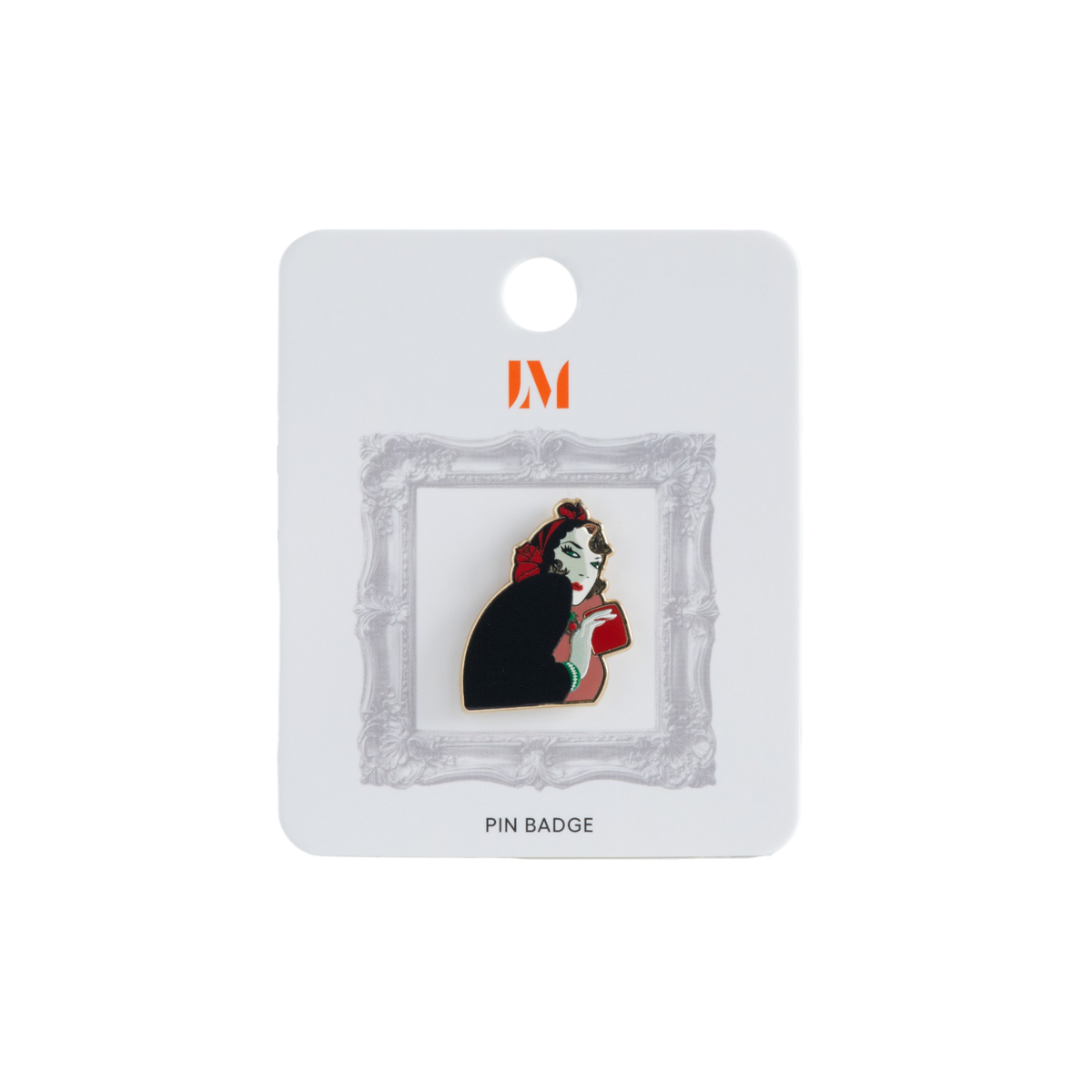 An enamel pin badge featuring Alberto Vargas' 'A Tale of the Mystery 1926' which illustrates a woman with dark hair, a red scarf on her head wearing a black cape and holding a red purse, mounted on a white display card with an orange 'LM' logo.