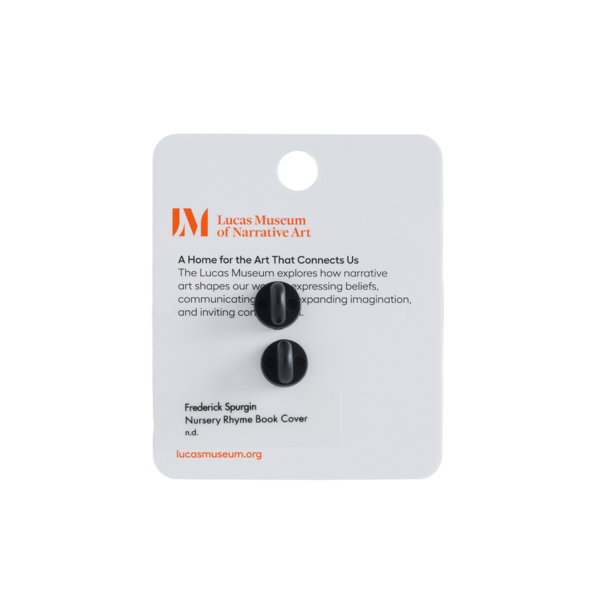Lucas Museum of Narrative Art display card with two small black buttons attached, photographed against a plain white background.