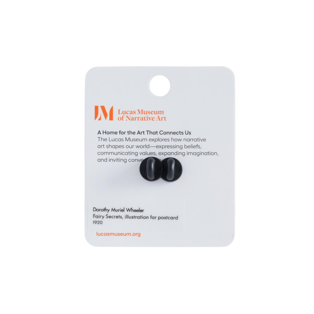 Lucas Museum of Narrative Art display card with two small black buttons attached, photographed against a plain white background.