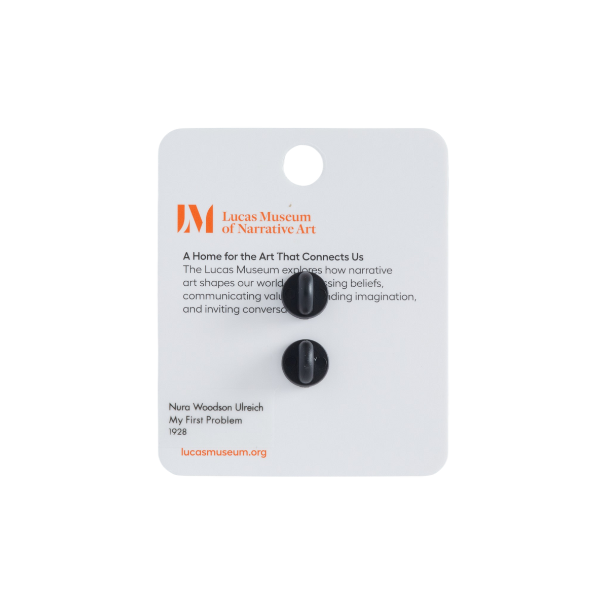 Lucas Museum of Narrative Art display card with two small black buttons attached, photographed against a plain white background.