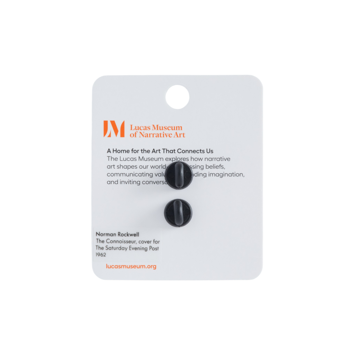 Lucas Museum of Narrative Art display card with two small black buttons attached, photographed against a plain white background.