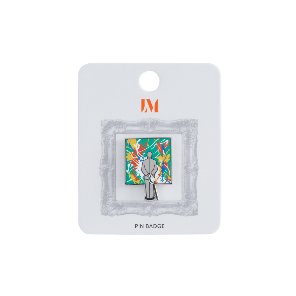 An enamel pin badge displayed on its white backing card. The pin features Norman Rockewell's 'The Connoisseur, cover for The Saturday Evening Post 1962.' A stylized figure in a gray suit holds a paintbrush in front of a colorful abstract painting with green, yellow, and red brushstrokes.
