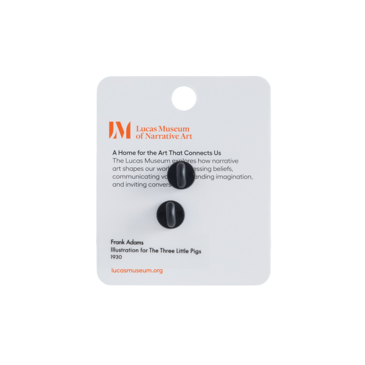 Lucas Museum of Narrative Art display card with two small black buttons attached, photographed against a plain white background.