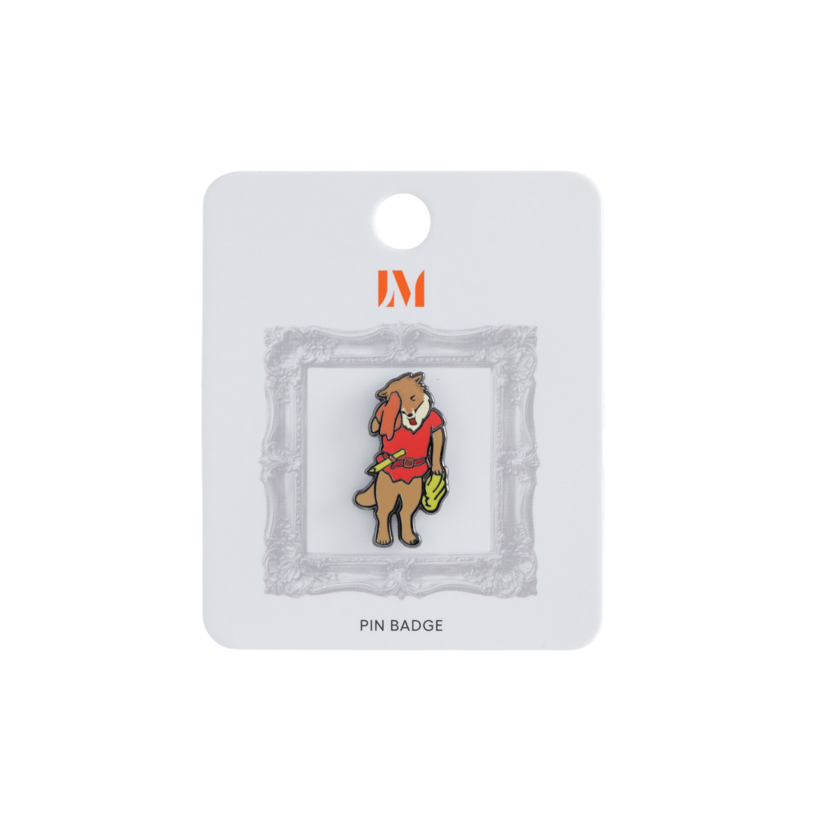 An enamel pin badge displayed on its white backing card. The pin features the wolf from "Little Red Riding Hood" in a red shirt.