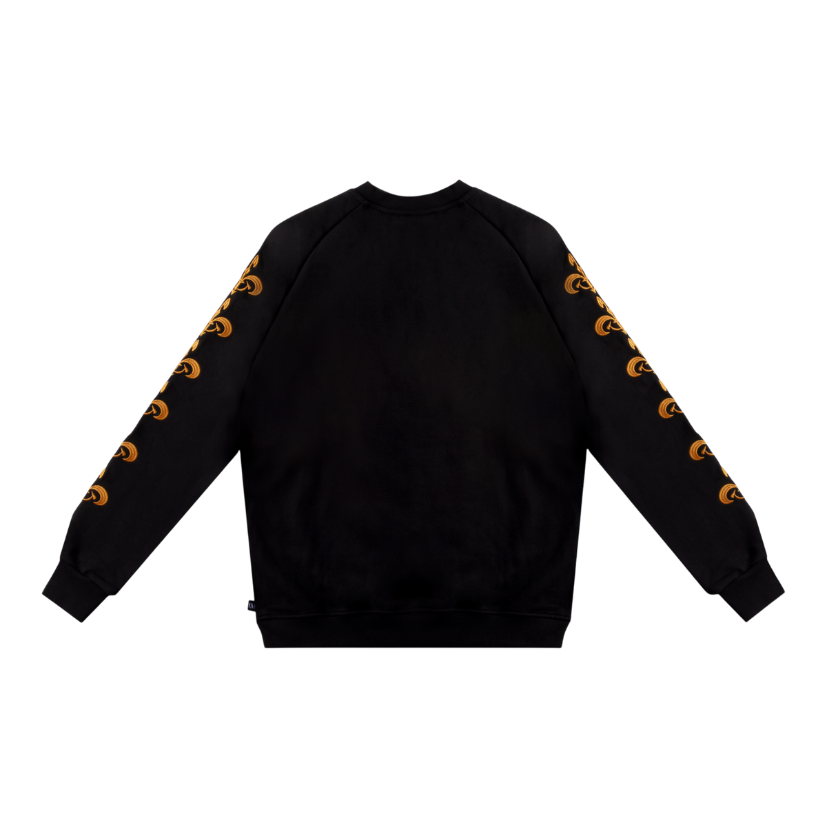 A black crewneck sweatshirt shown from the back, featuring orange embroidered symbols running down both sleeves.