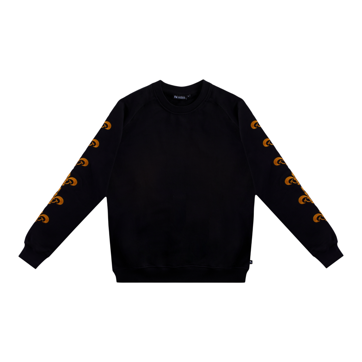 A black crewneck sweatshirt with orange graphic patterns printed down both sleeves, displayed flat against a solid white background.