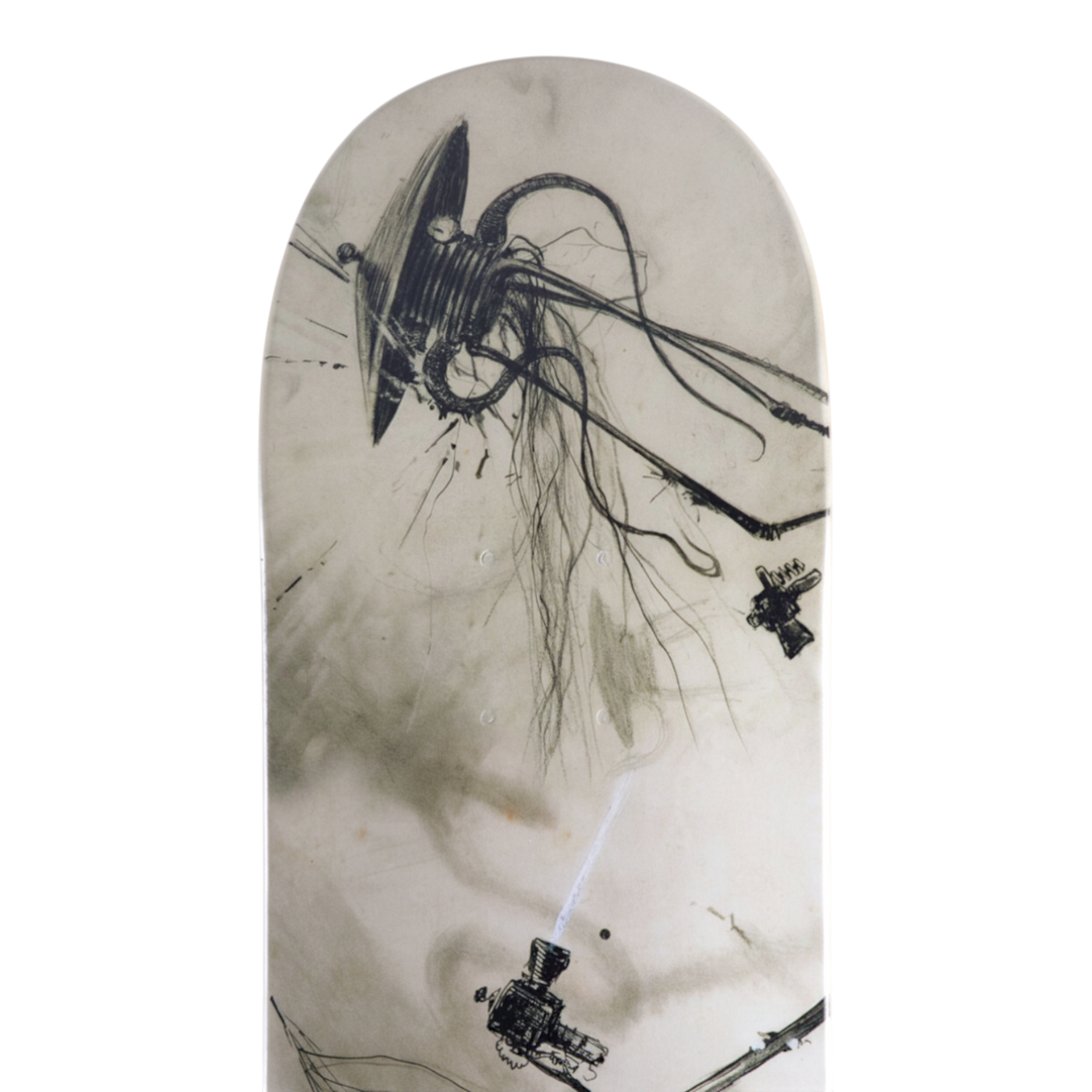 A skateboard deck with an off-white background and a black ink-style illustration of mechanical insect-like figures and tentacles. A depiction of Hennrique Correa War of the Worlds Triptych.
