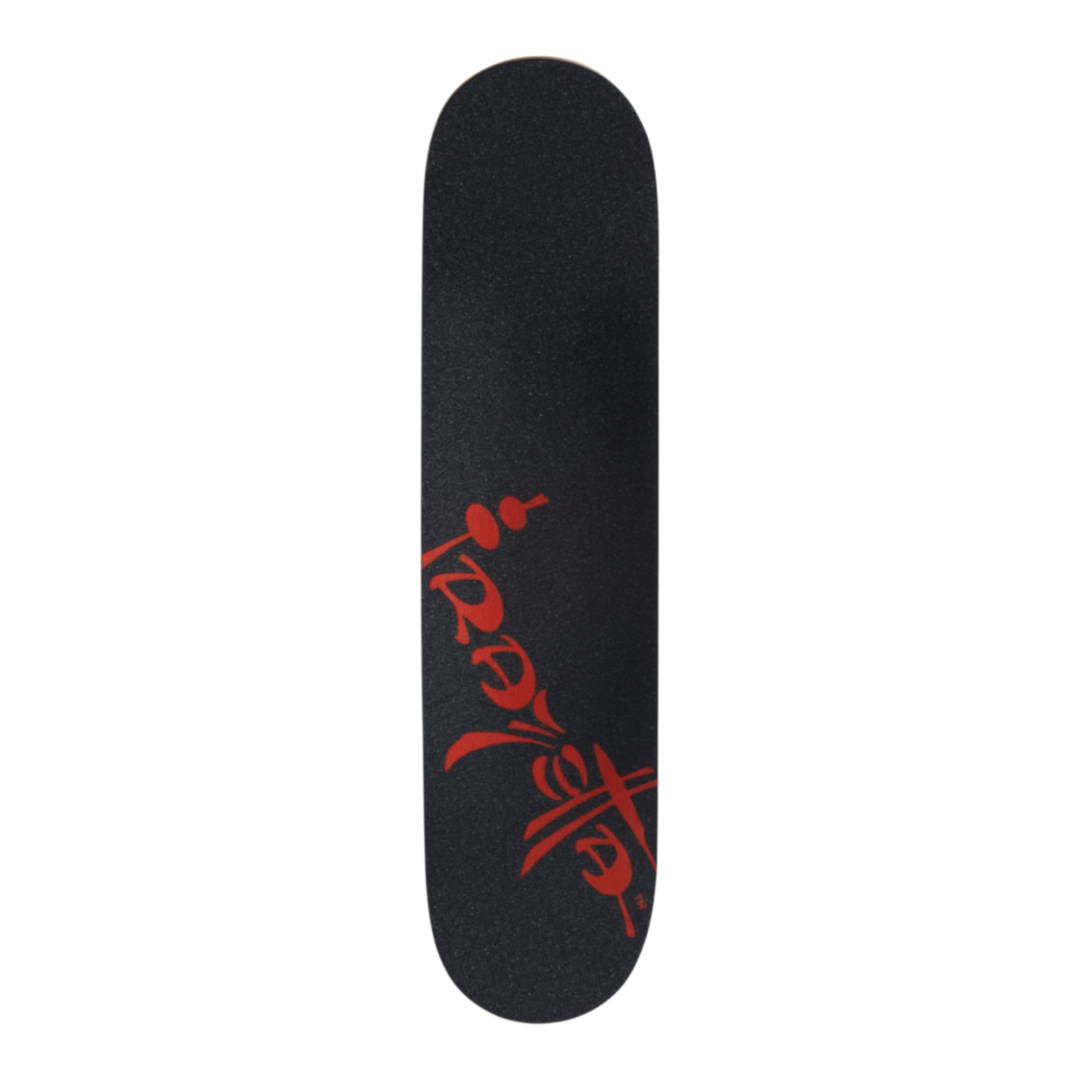A skateboard deck with a black grip tape surface featuring stylized red graphic text reading 'Frazetta' printed vertically near the bottom.