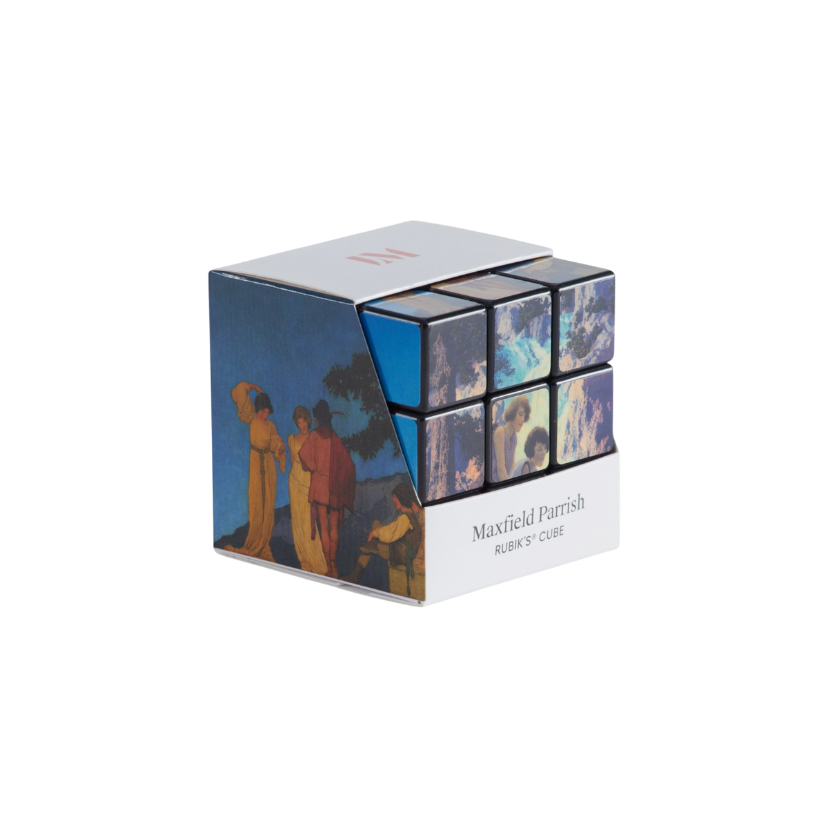 A 3x3 Rubik's cube in its original white packaging, featuring custom artwork by Maxfield Parrish. The cube itself has a black frame with six panels displaying colorful landscape paintings in shades of blue, purple, orange, and yellow.