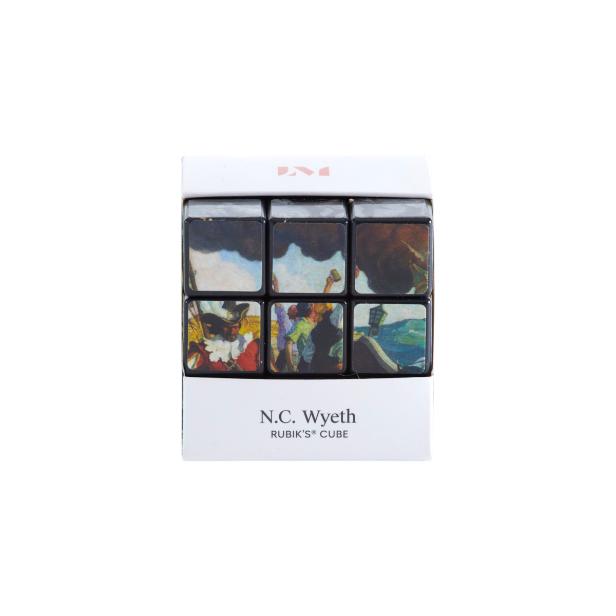 A 3x3x3 Rubik's cube with a black frame and printed cube faces of N.C. Wyeth's illustrations, shown on a plain white background.