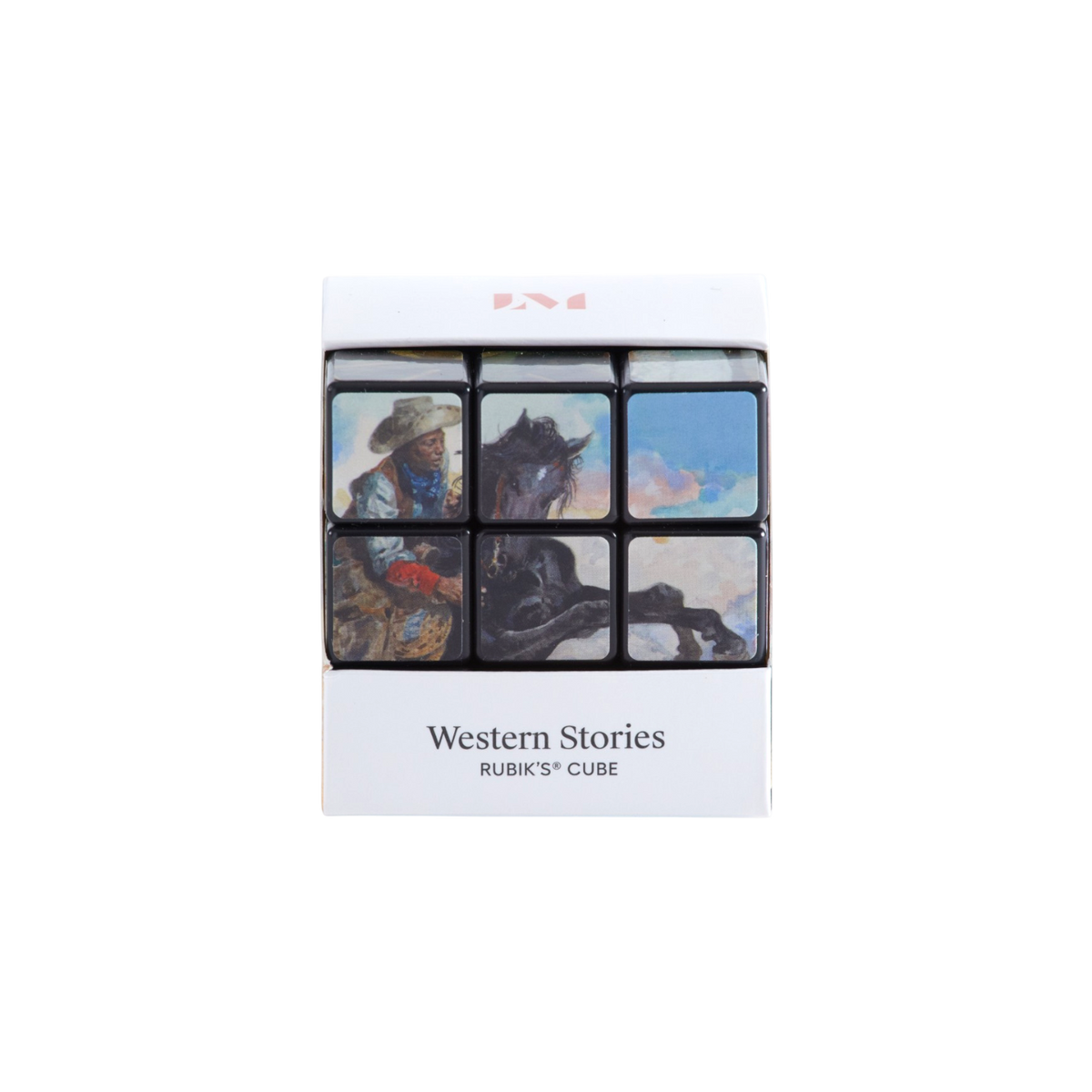A boxed Rubik's Cube puzzle set titled 'Western Stories' on a plain white background. The cube is partially visible through a clear window in a white retail box, with six face panels showing western-themed artwork: a cowboy, a horse, a rider on horseback, and blue sky scenes.