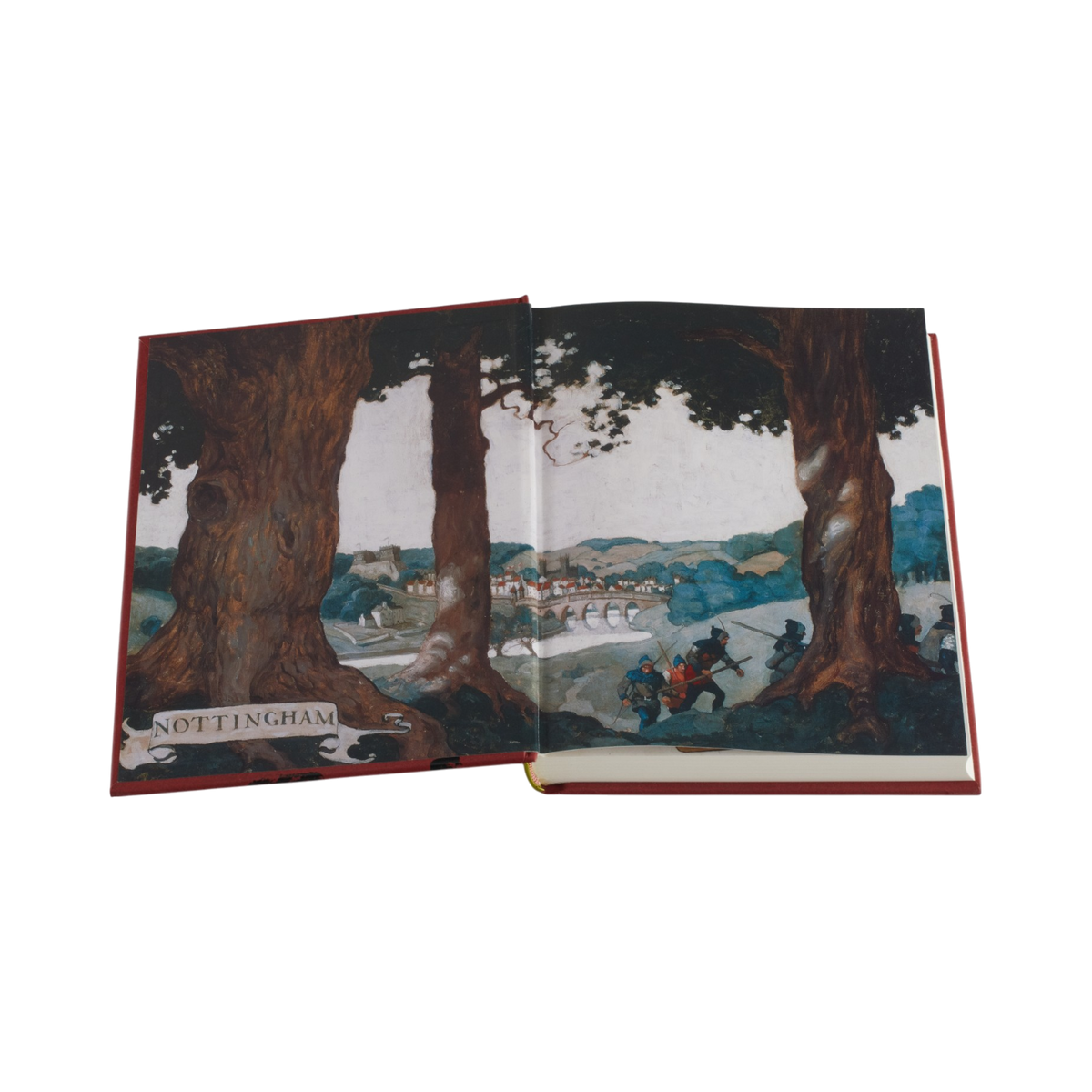 An open vintage book with a red hardcover, displaying a detailed landscape illustration of Nottingham framed by two large tree trunks, on a solid white background.
