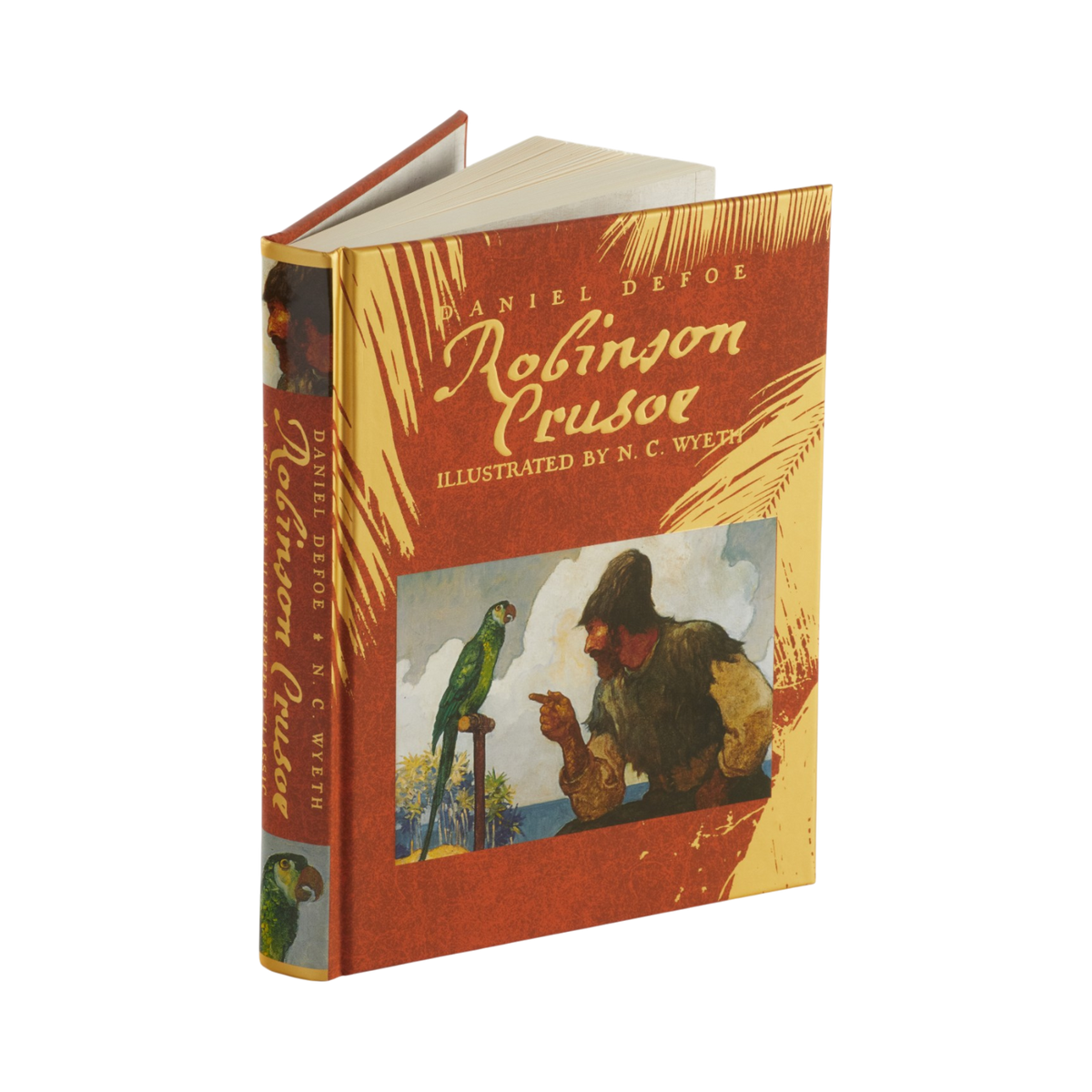 A hardcover book of Daniel Defoe's 'Robinson Crusoe' illustrated by N. C. Wyeth.