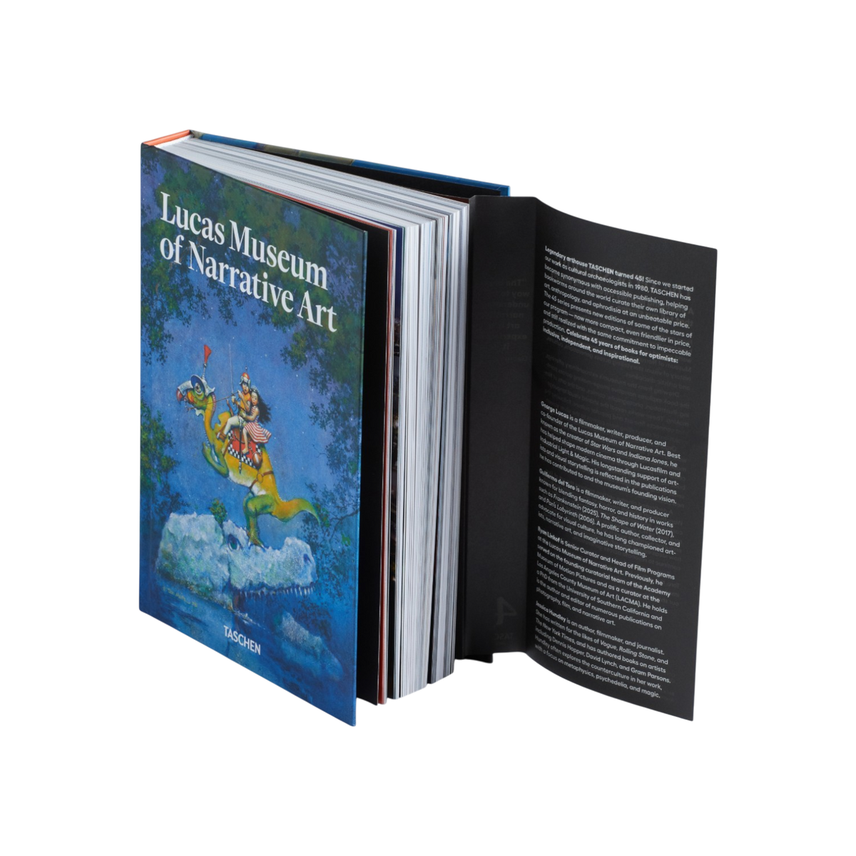 A hardcover art book titled 'Lucas Museum of Narrative Art' by Taschen, featuring a blue illustrated cover with a green dragon and a rider, and a rust-orange spine. The interior pages are dark gray/black with white text.