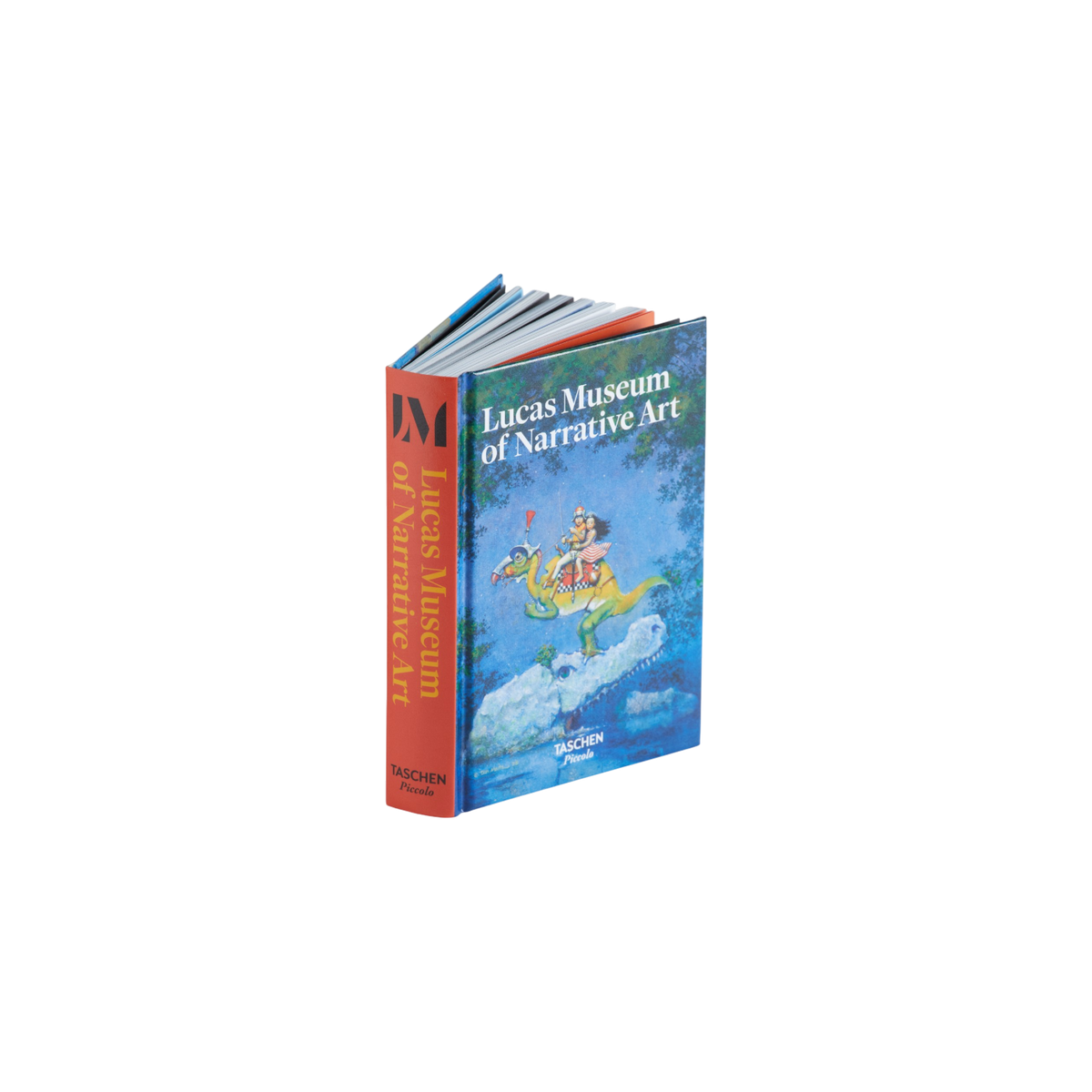 A hardcover art book titled 'Lucas Museum of Narrative Art' by Taschen, featuring a blue illustrated cover with a green dragon and a rider, and a rust-orange spine.
