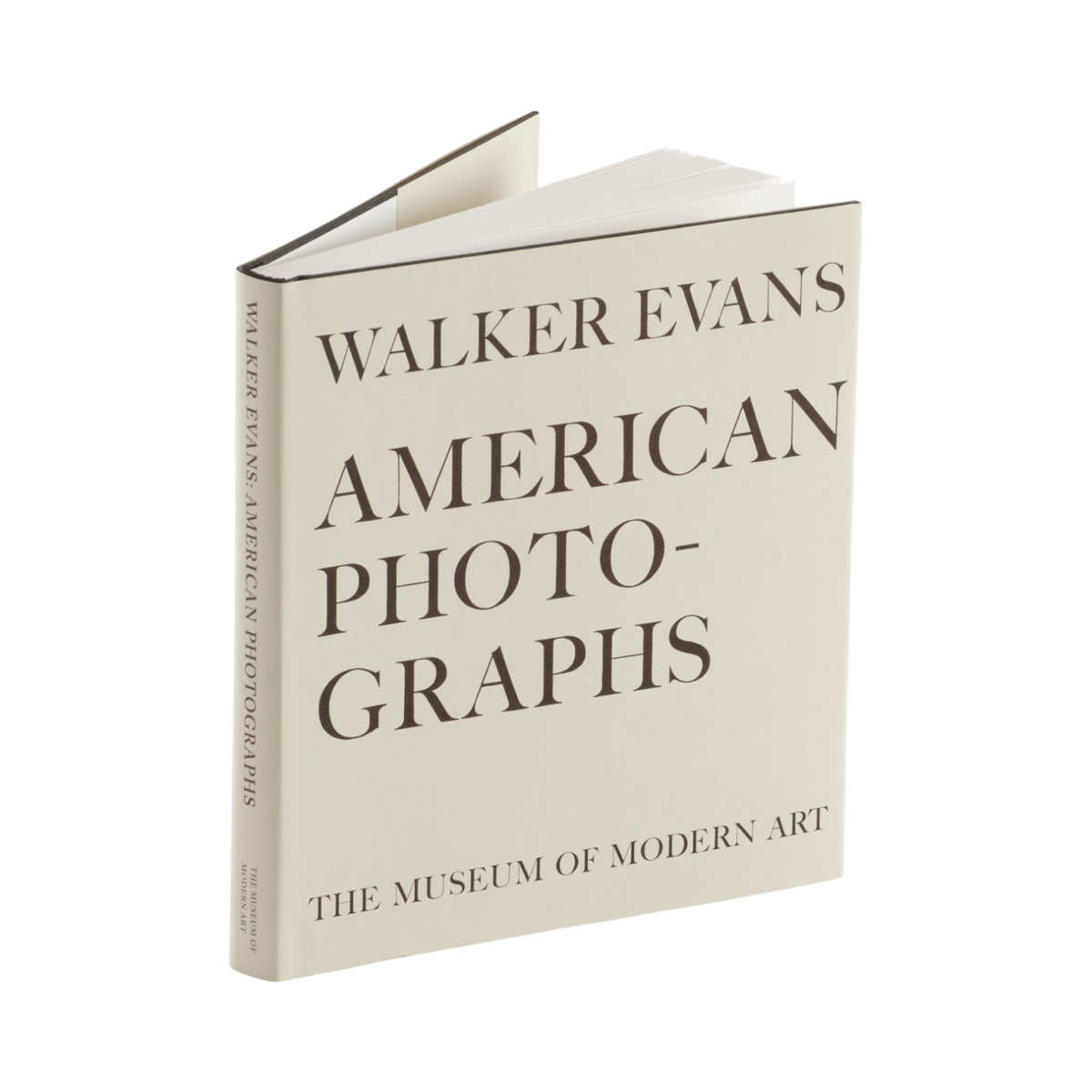 Walker Evans American Photographs: The Museum of Modern Art book, shown standing open at an angle against a solid white background.