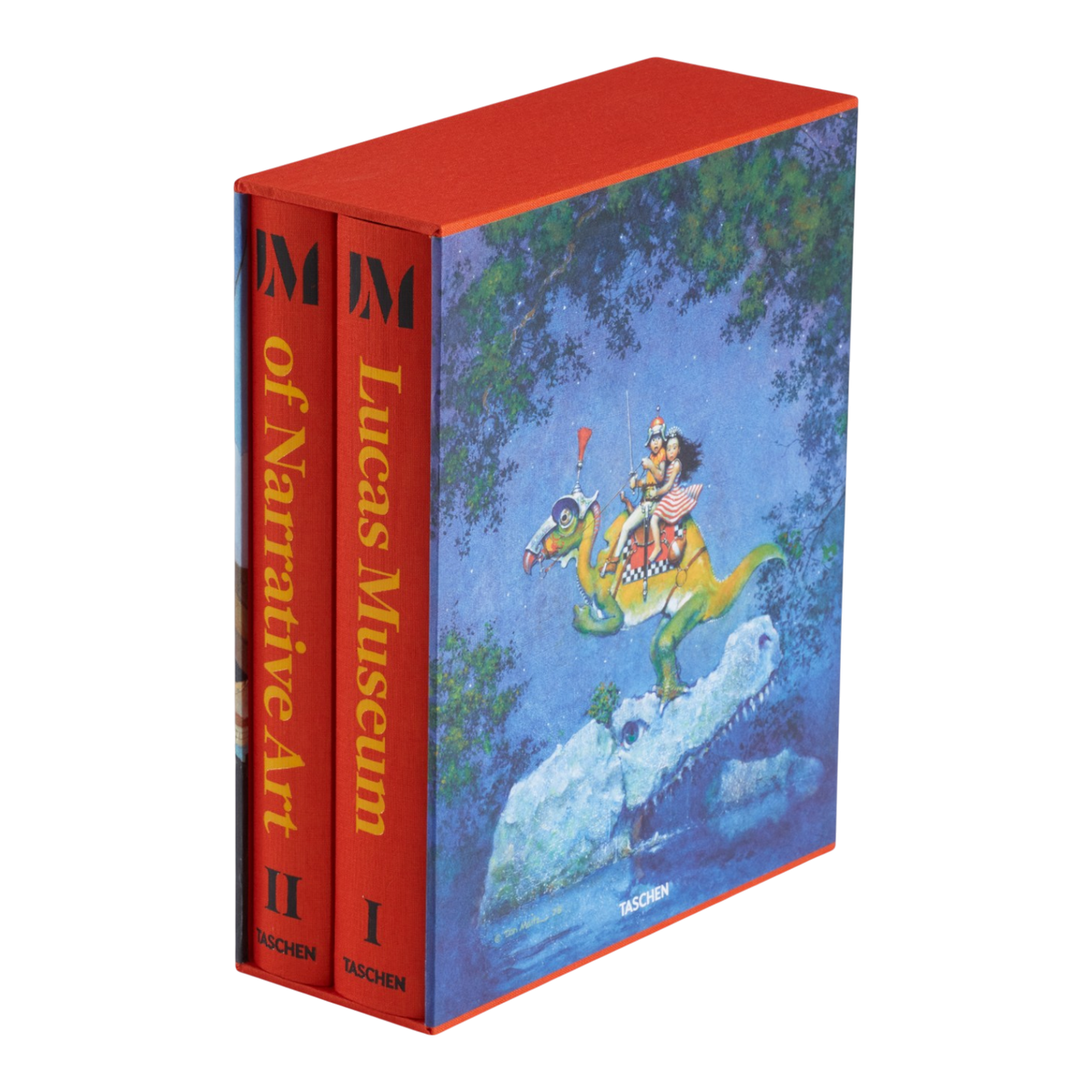 A hardcover art book titled 'Lucas Museum of Narrative Art' by Taschen, featuring a blue illustrated cover with a green dragon and a rider, and a rust-orange spine.