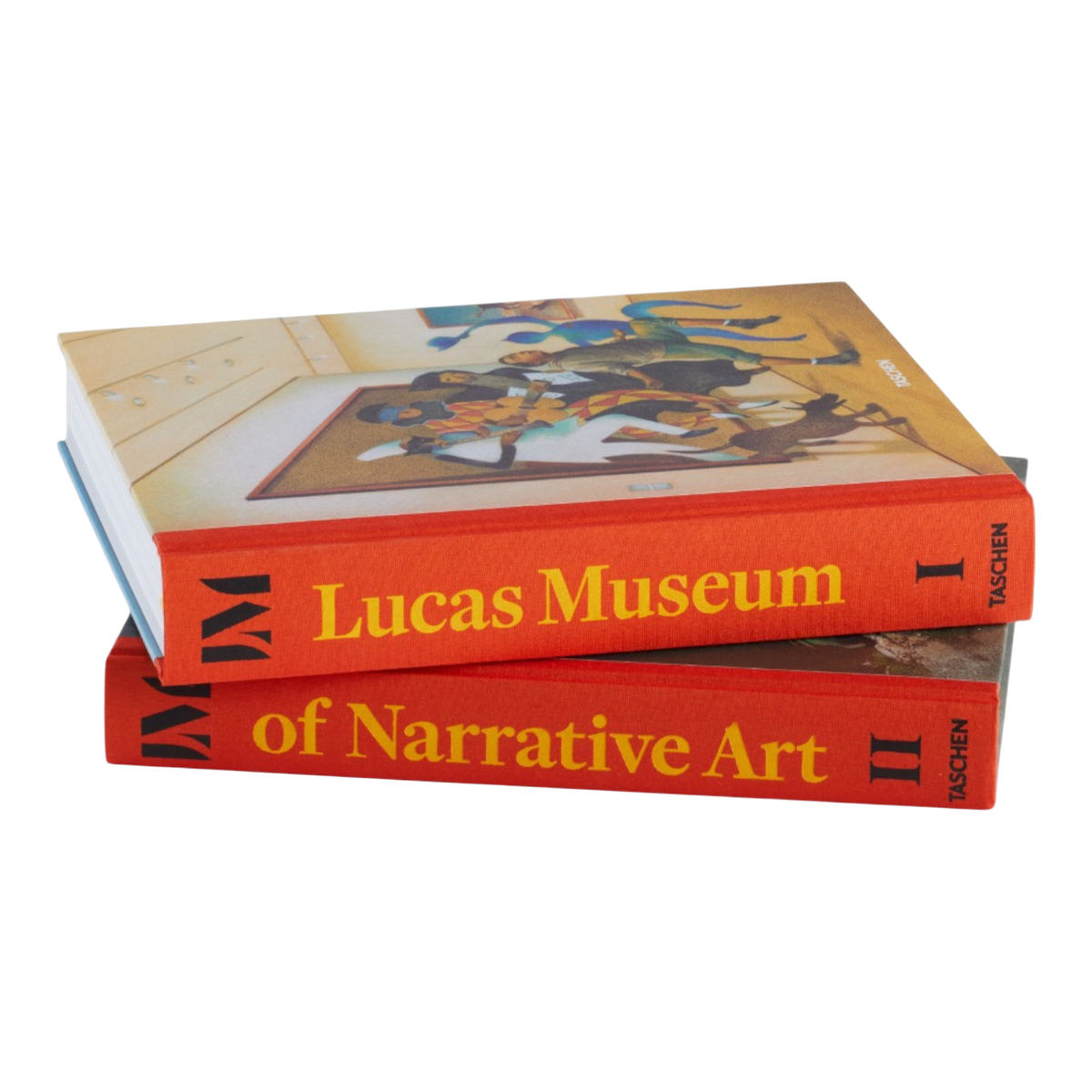 Two Taschen art books stacked on a white background. The top book is titled 'Lucas Museum of Narrative Art' with a red spine and a colorful illustration on the cover, and the bottom book shows the red spine with the title 'of Narrative Art' and volume II.