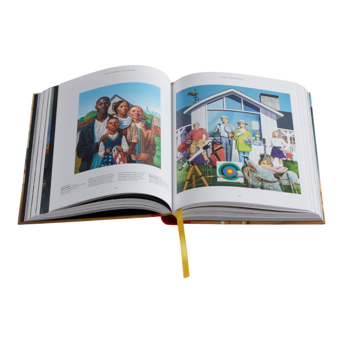 An open hardcover book displayed against a solid white background, showing two illustrated spread pages with colorful cartoon-style artwork and a yellow ribbon bookmark hanging from the center.