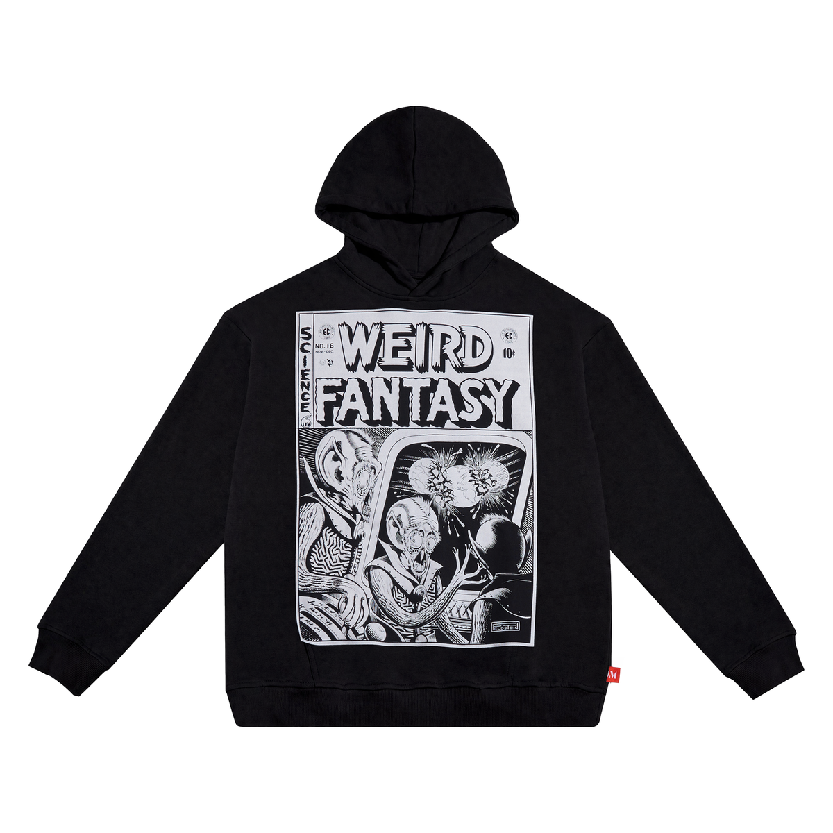 A black pullover hoodie featuring a large white comic-style graphic on the front with the text 'WEIRD FANTASY' and illustrated creatures, shown against a plain white background.