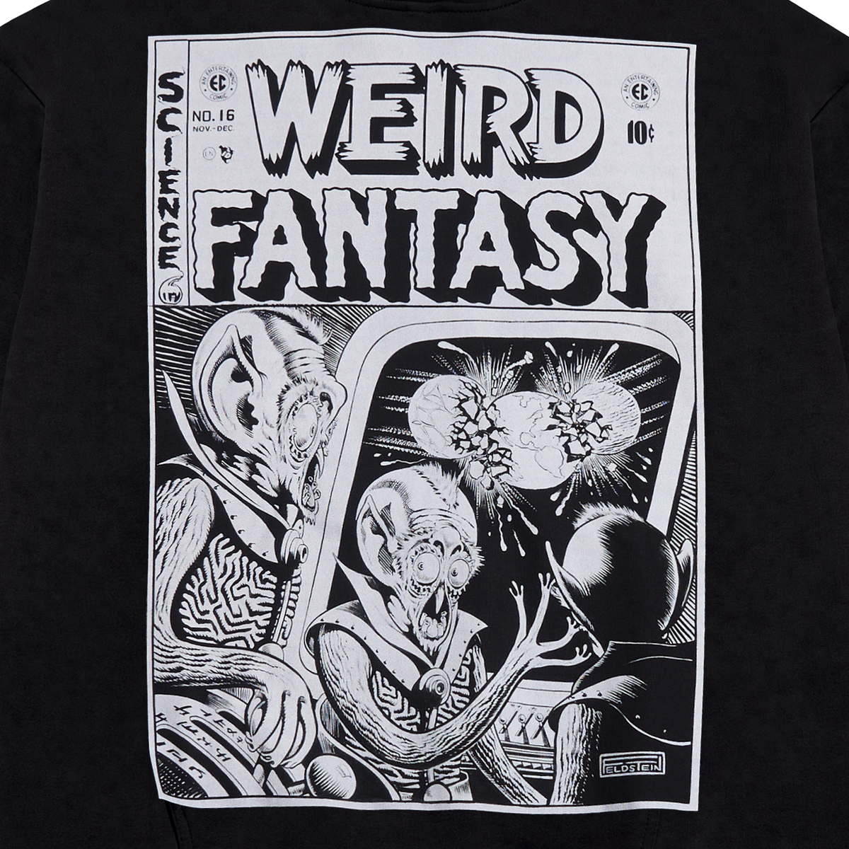 A close-up of a black T-shirt showing a large white rectangular graphic print on the front. The print features bold comic-style text reading 'WEIRD FANTASY' and a black-and-white illustration of surreal alien figures and sci-fi elements.