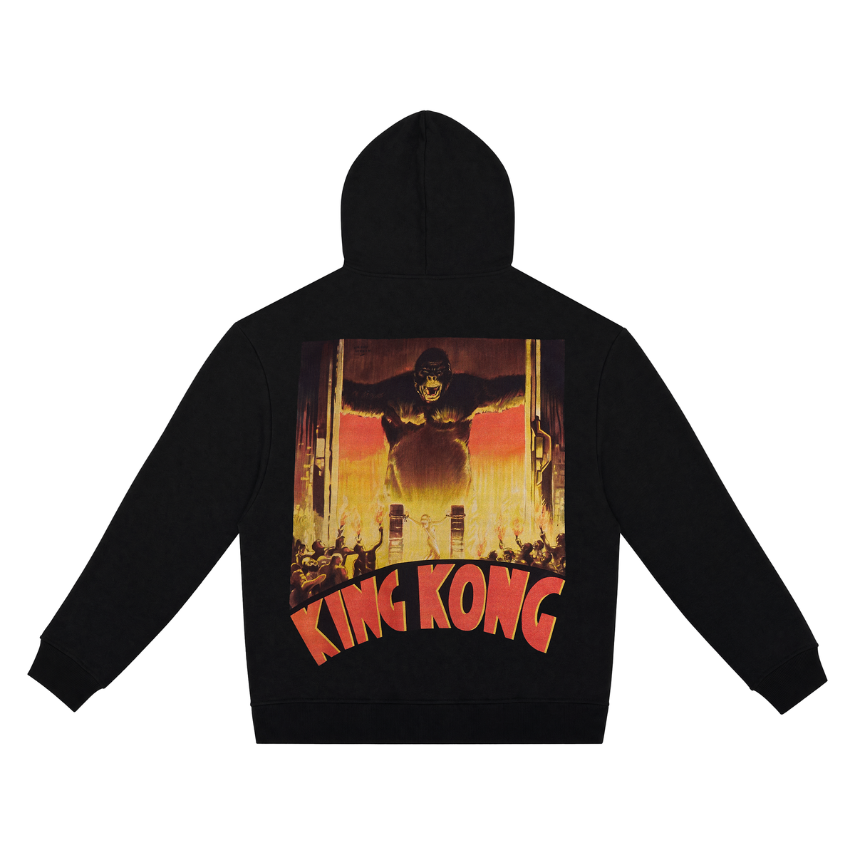 A black pullover hoodie shown from the back, featuring a large graphic print of King Kong with the words 'KING KONG' in red-orange lettering below the illustration.