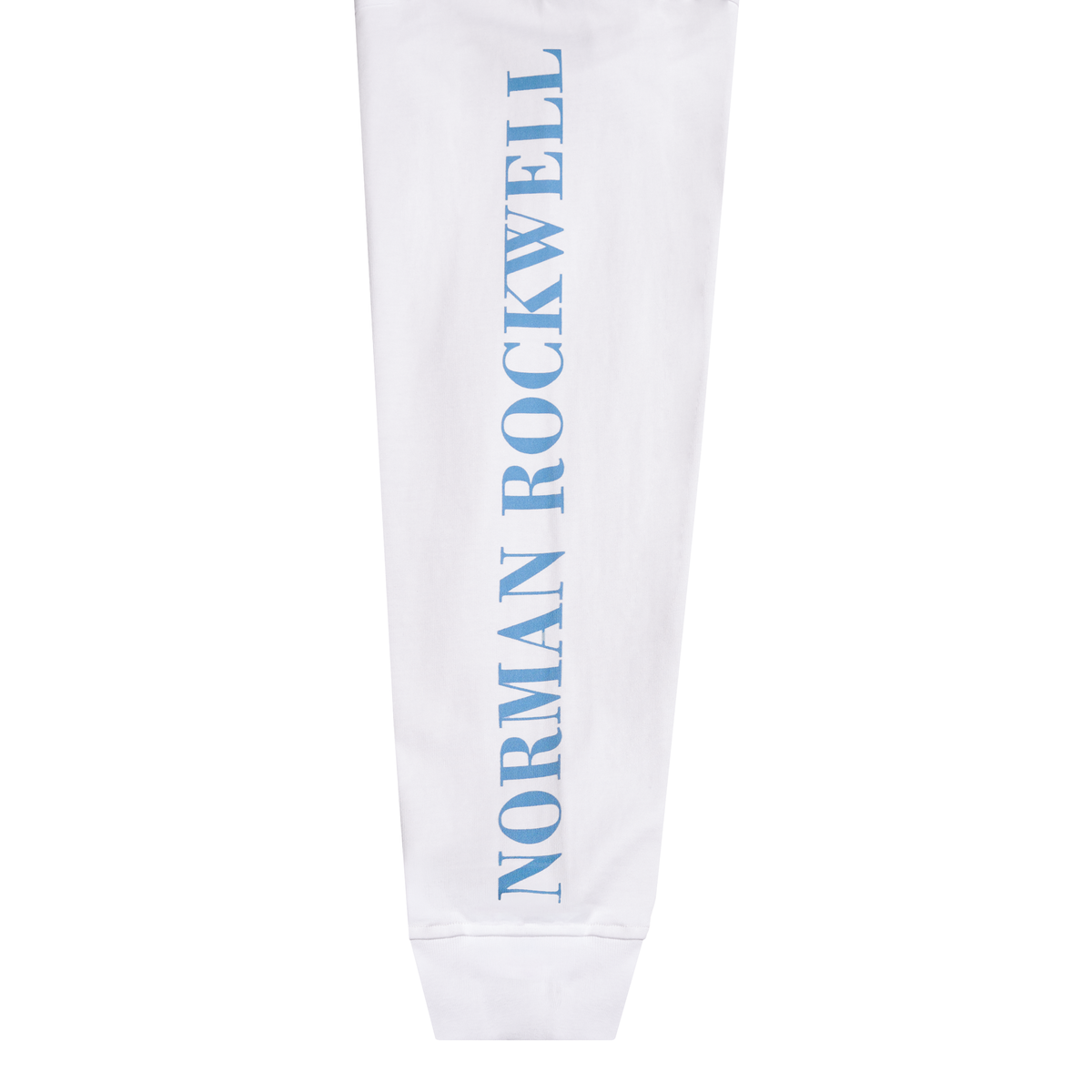 A close-up of a white sweatshirt featuring the brand name 'NORMAN ROCKWELL' printed vertically in blue on the side, set against a plain white background.