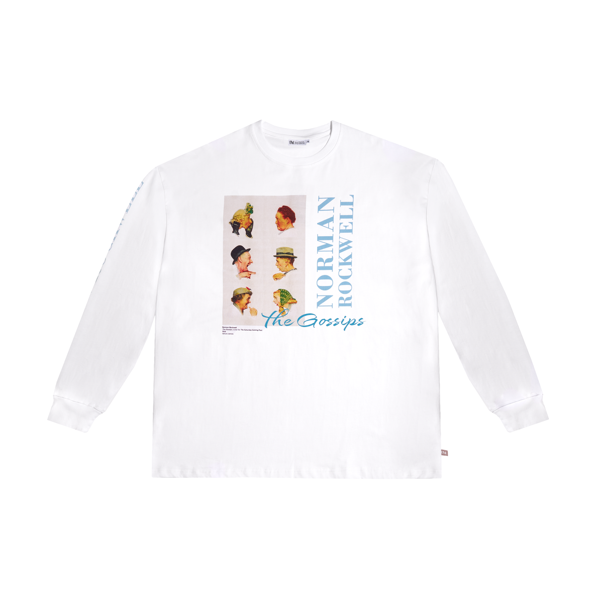 A white long-sleeve t-shirt with a graphic print on the front featuring six vintage-style portraits of Norman Rockwell with the text 'NORMAN ROCKWELL' and 'The Great Gatsby' in blue and black.
