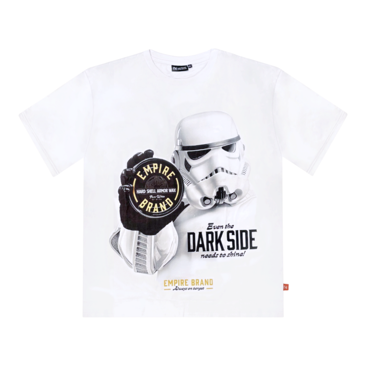 White 100% cotton classic-fit T-shirt featuring a Star Wars graphic and the phrase "Even the Dark Side Needs to Shine" printed on the front, shown on a white background.