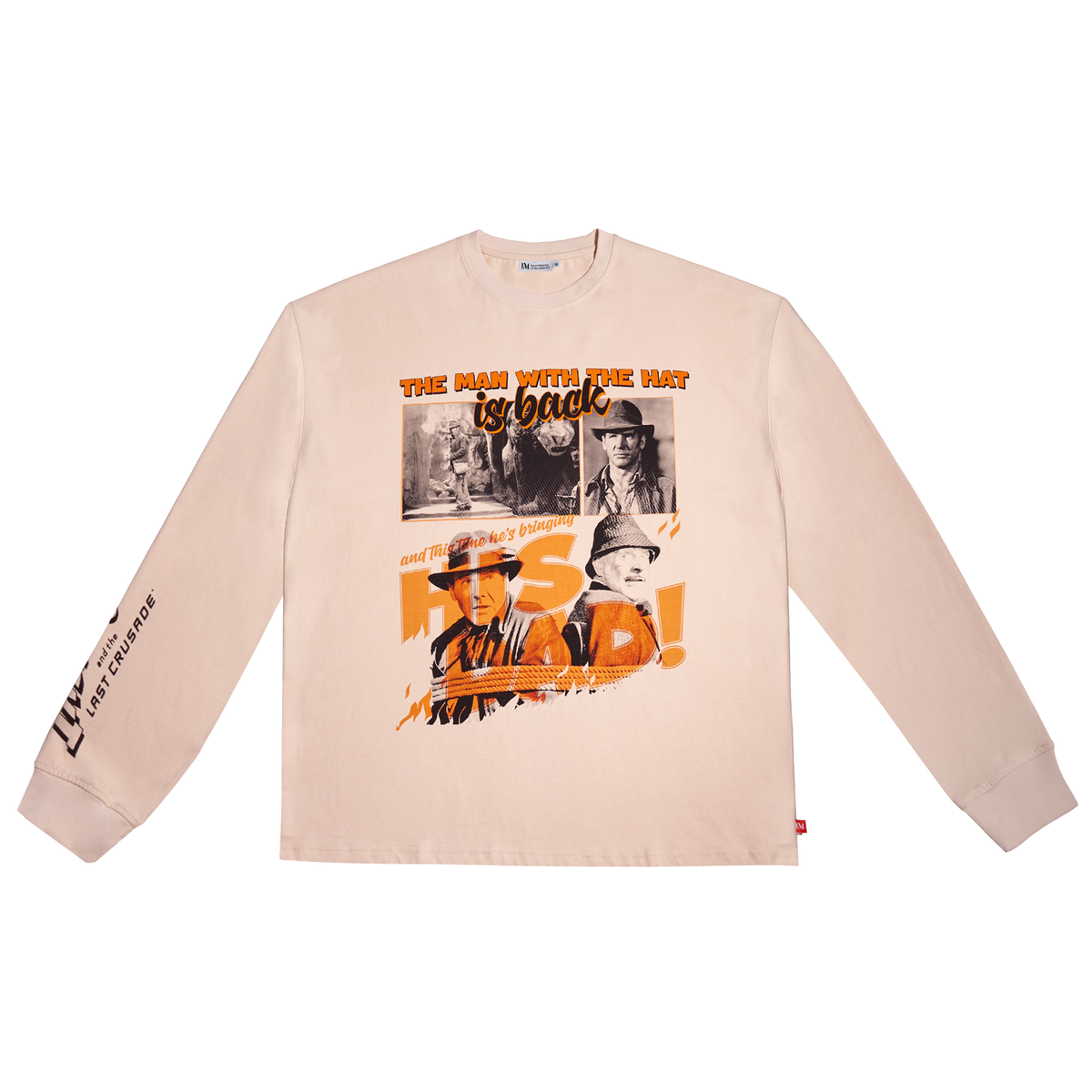 A beige long-sleeve crewneck sweatshirt featuring a bold graphic print on the front with orange and black text, vintage photos of Indiana Jones, and a small graphic on the left sleeve.