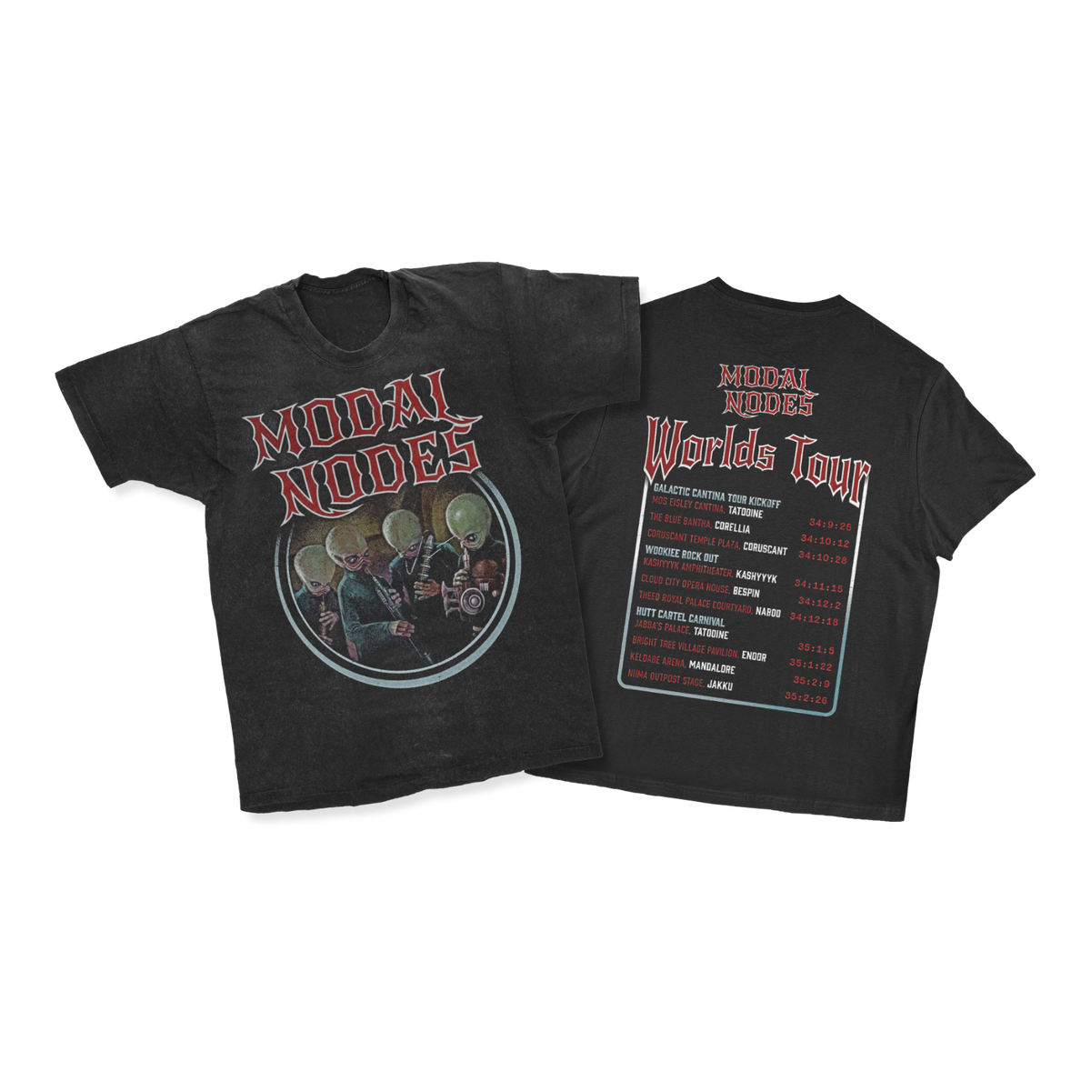 A black graphic t-shirt shown from both the front and back. The front features the text 'MODAL NODES' in red above a circular graphic of three figures.