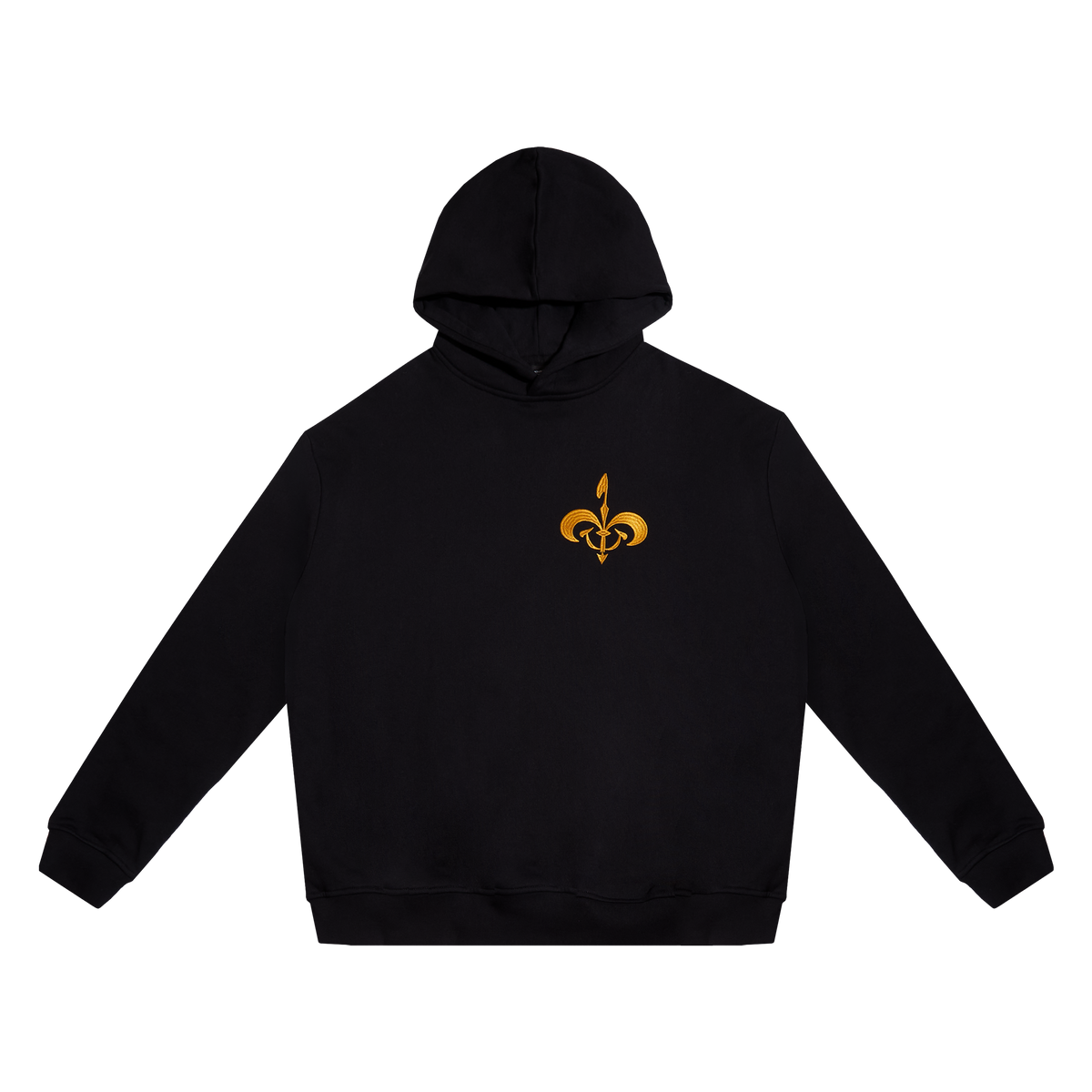 A black pullover hoodie with a small gold fleur-de-lis emblem on the center chest, displayed against a solid white background.