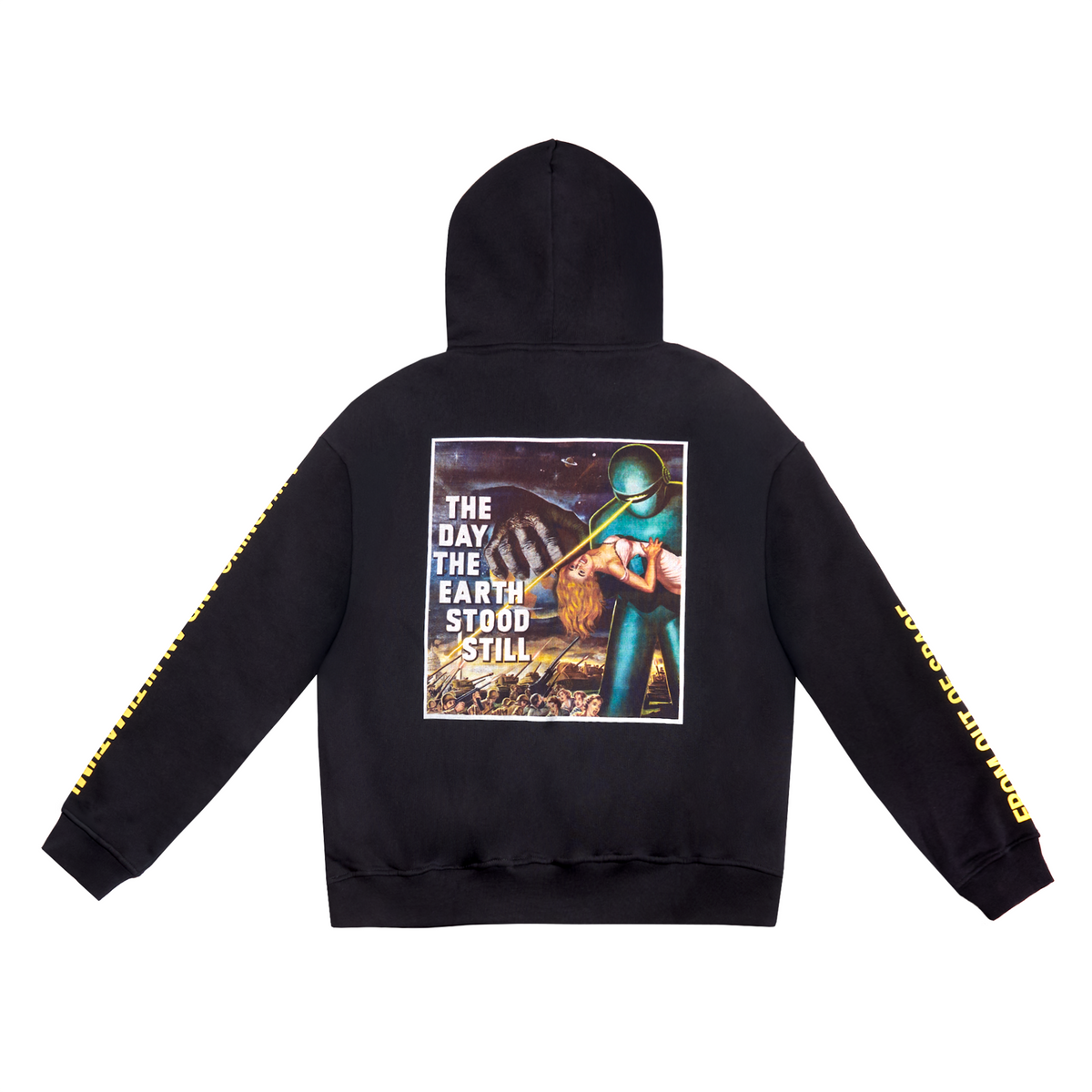 Black pullover hoodie shown from the back, featuring a large rectangular graphic print of an alien holding a woman with the text 'THE DAY THE EARTH STOOD STILL' and yellow 'FROM OUT OF SPACE' lettering printed down both sleeves, on a plain white background.