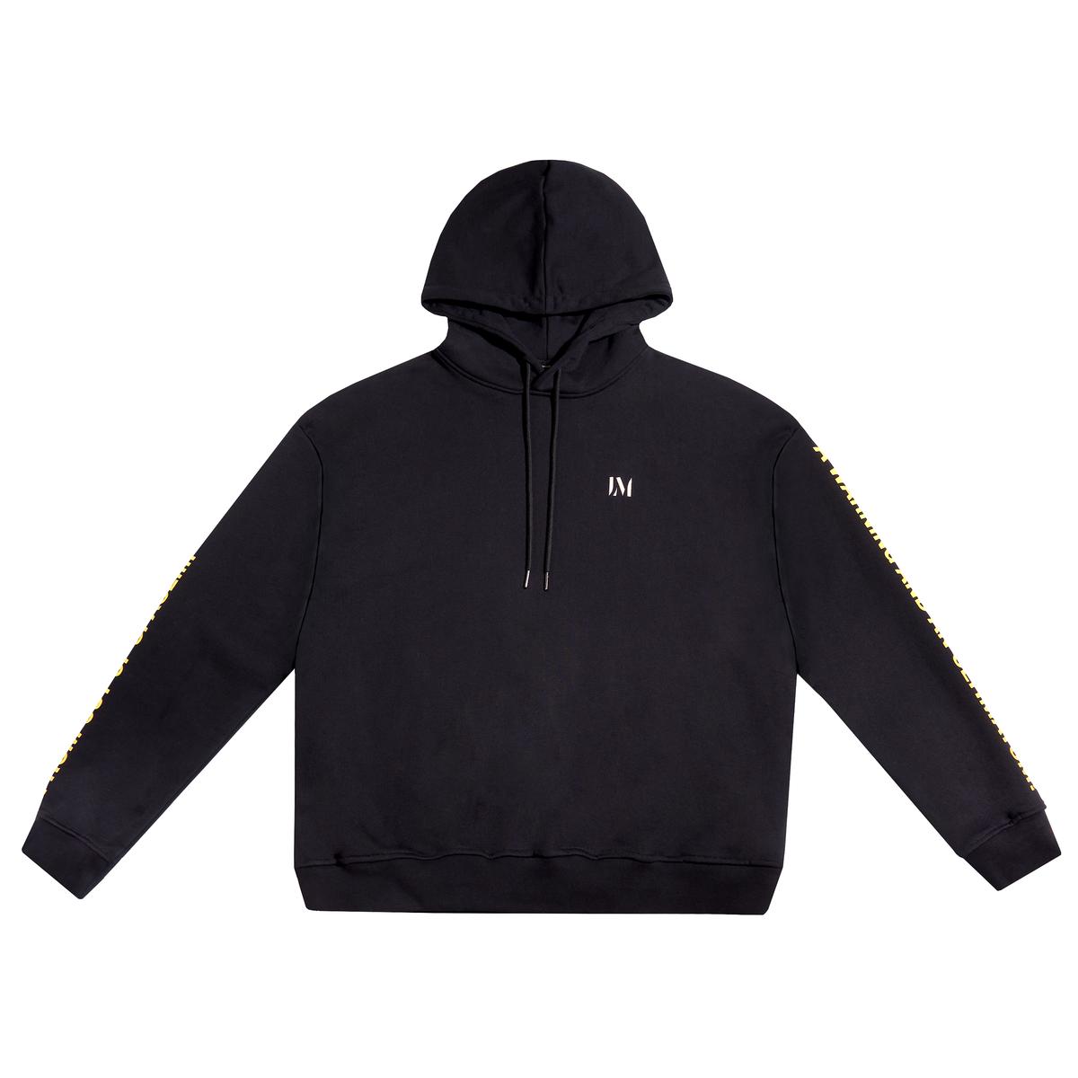 A black pullover hoodie with a small white 'Lucas Museum of Narrative Art' logo on the left chest and gold lettering running down both sleeves, displayed on a clean white background.