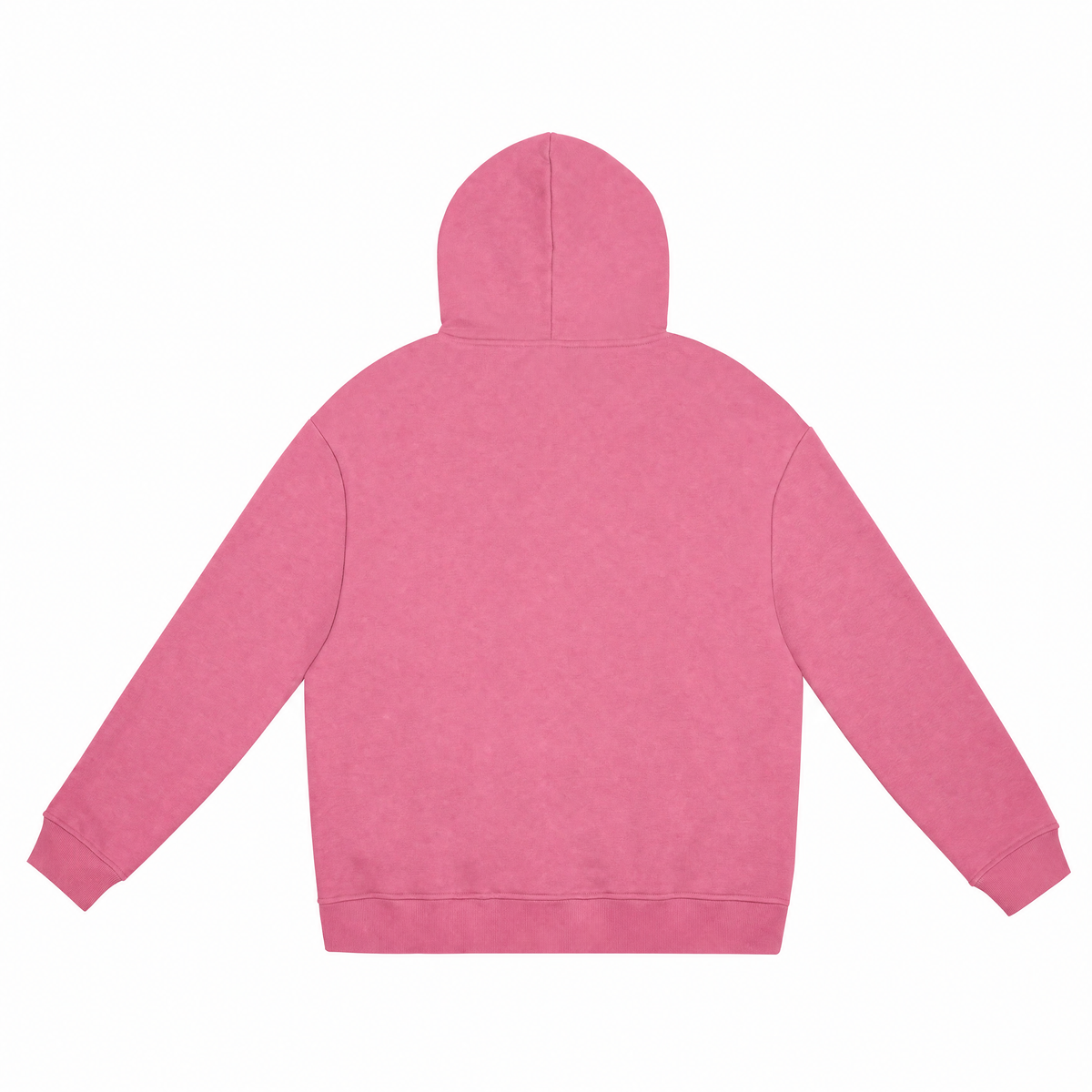 A pink hooded sweatshirt shown from the back, laid flat against a solid white background.