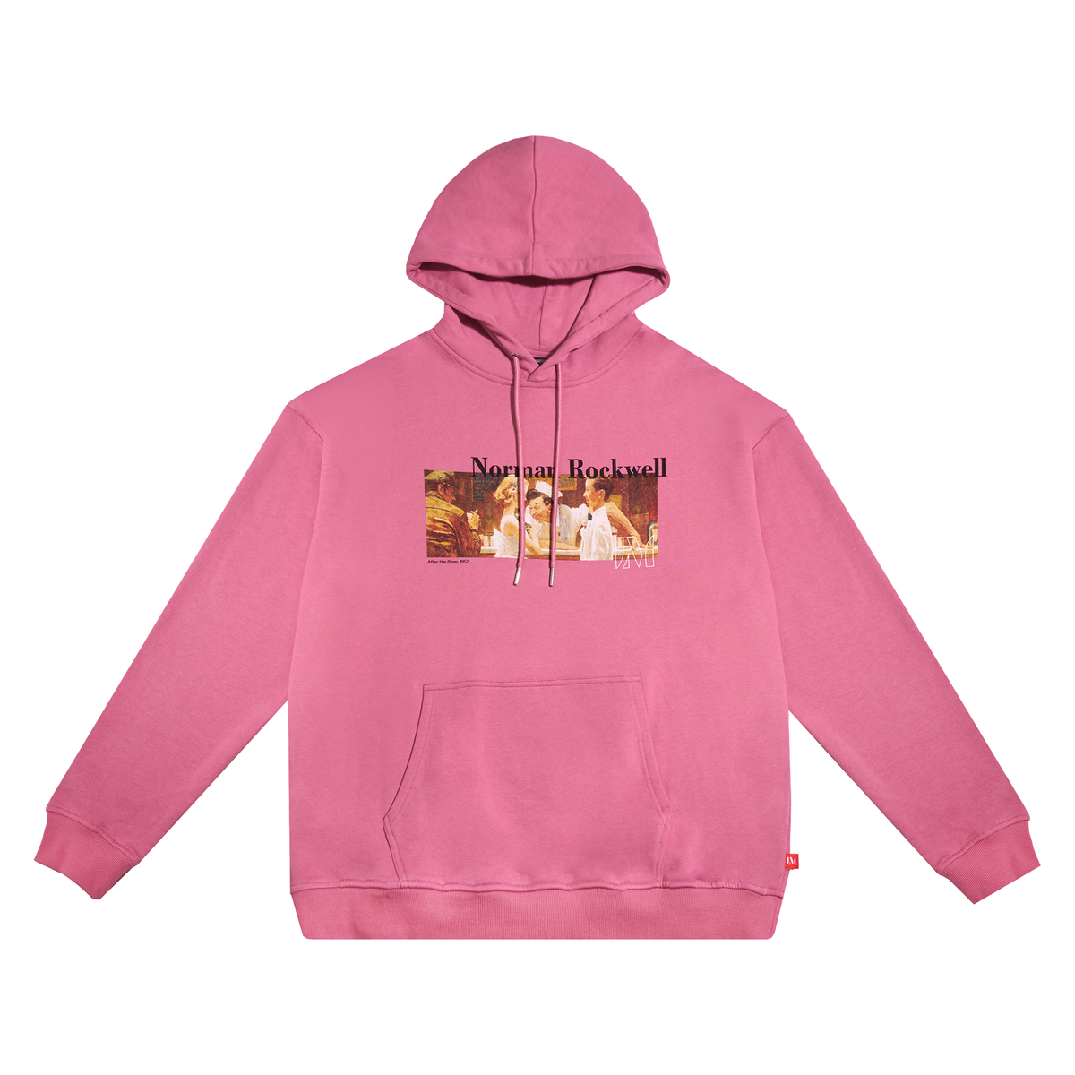 A pink pullover hoodie with a front kangaroo pocket and drawstrings, featuring a rectangular graphic print on the chest with the text 'Norman Rockwell' and a small photo of Rockwell's painting, "The Prom." The hoodie is displayed flat against a solid white background.